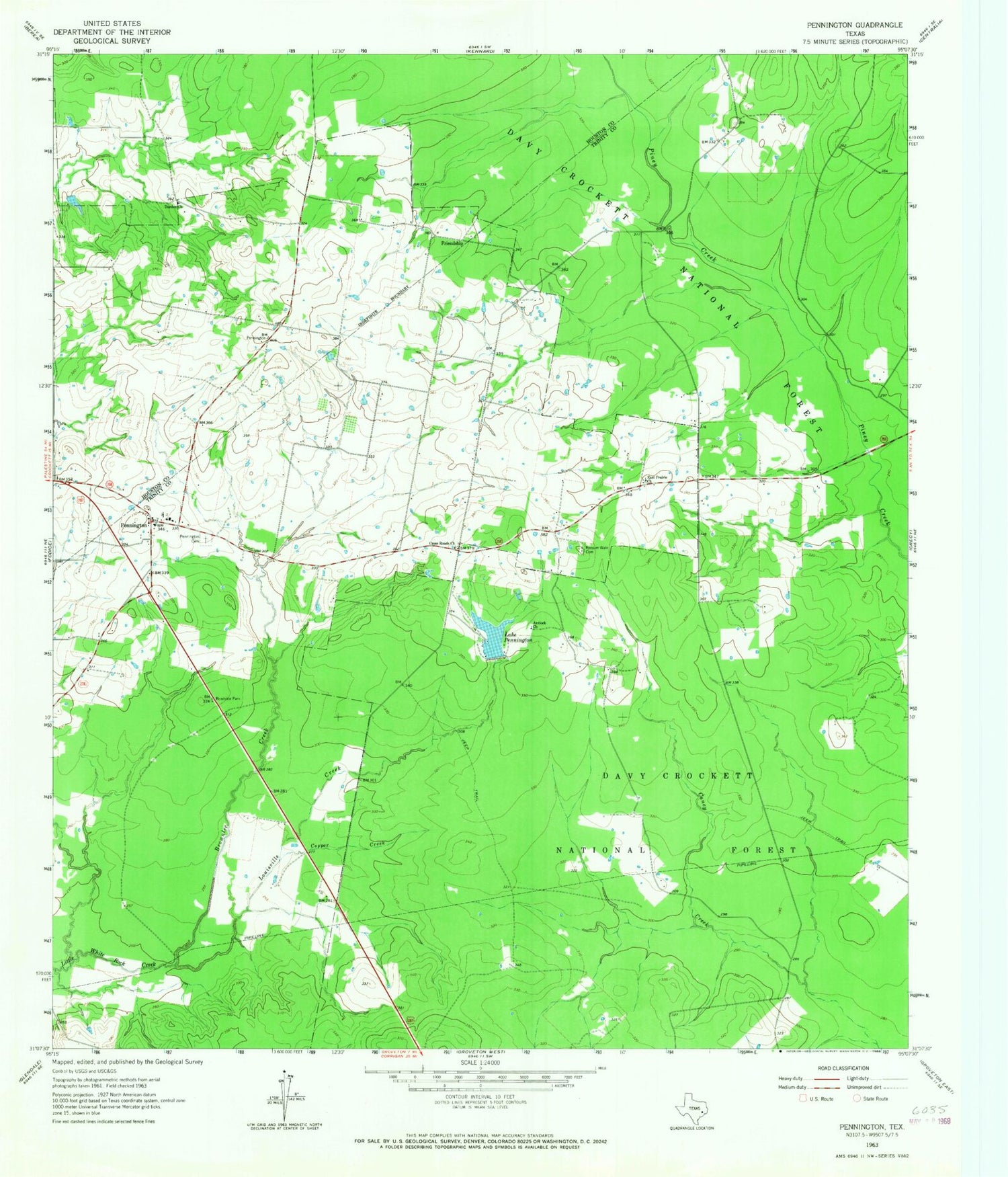 Classic USGS Pennington Texas 7.5'x7.5' Topo Map Image