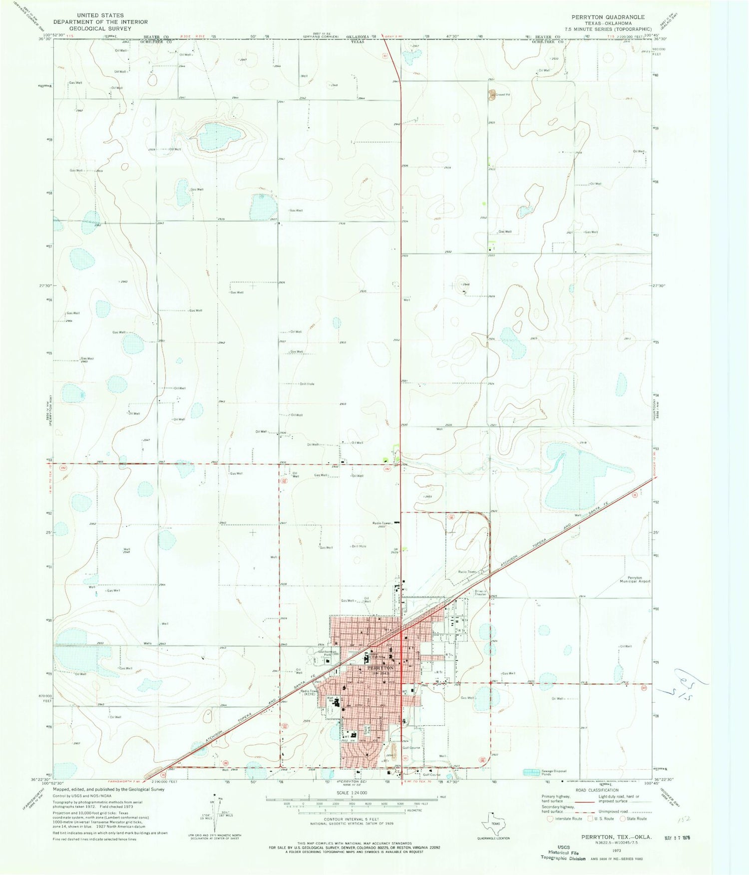 Classic USGS Perryton Texas 7.5'x7.5' Topo Map Image