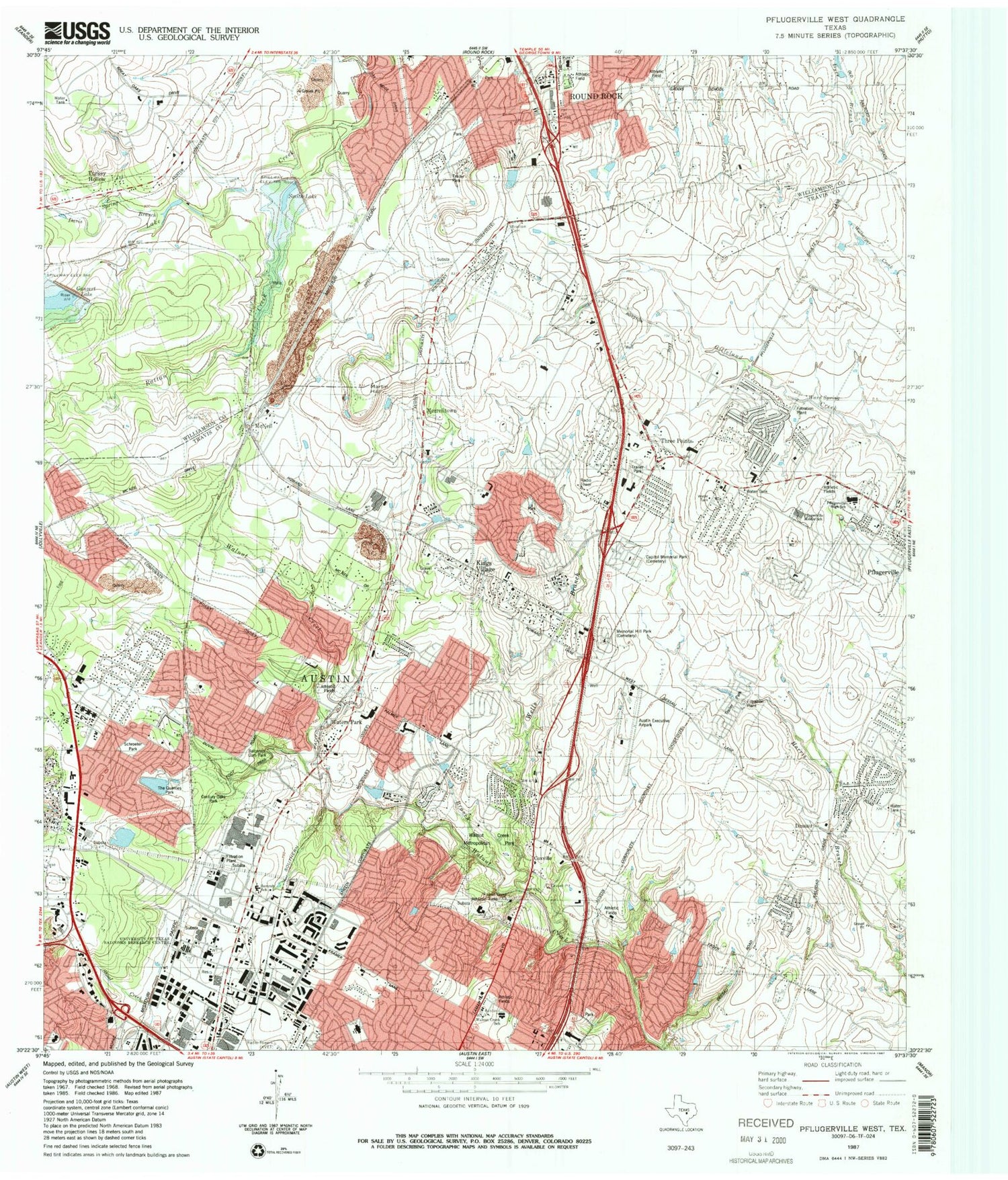 Classic USGS Pflugerville West Texas 7.5'x7.5' Topo Map Image