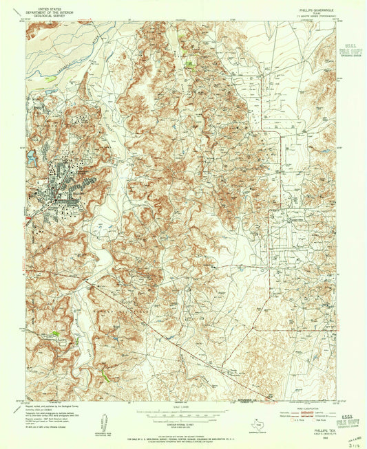 Classic USGS Phillips Texas 7.5'x7.5' Topo Map Image