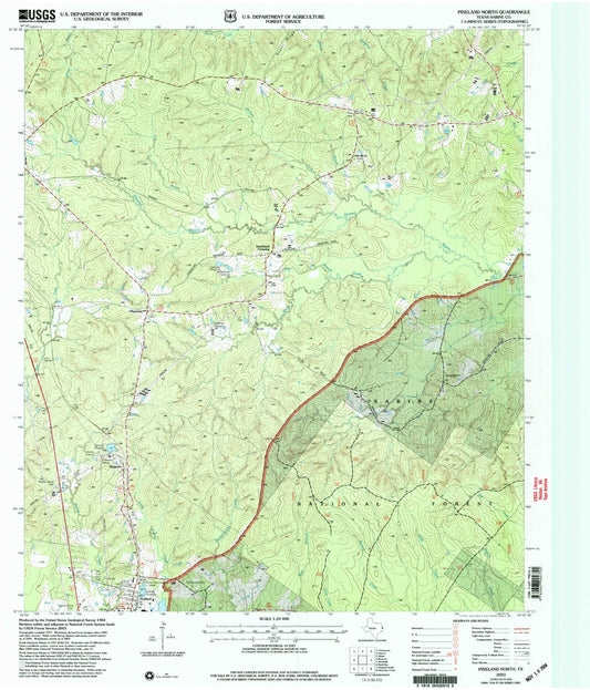 Classic USGS Pineland North Texas 7.5'x7.5' Topo Map Image