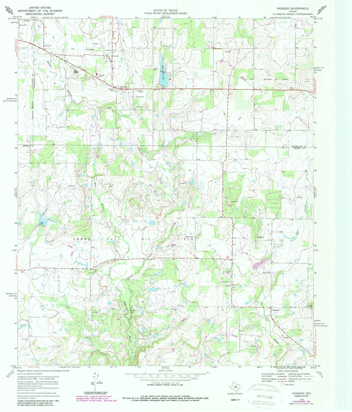 Classic USGS Pioneer Texas 7.5'x7.5' Topo Map Image