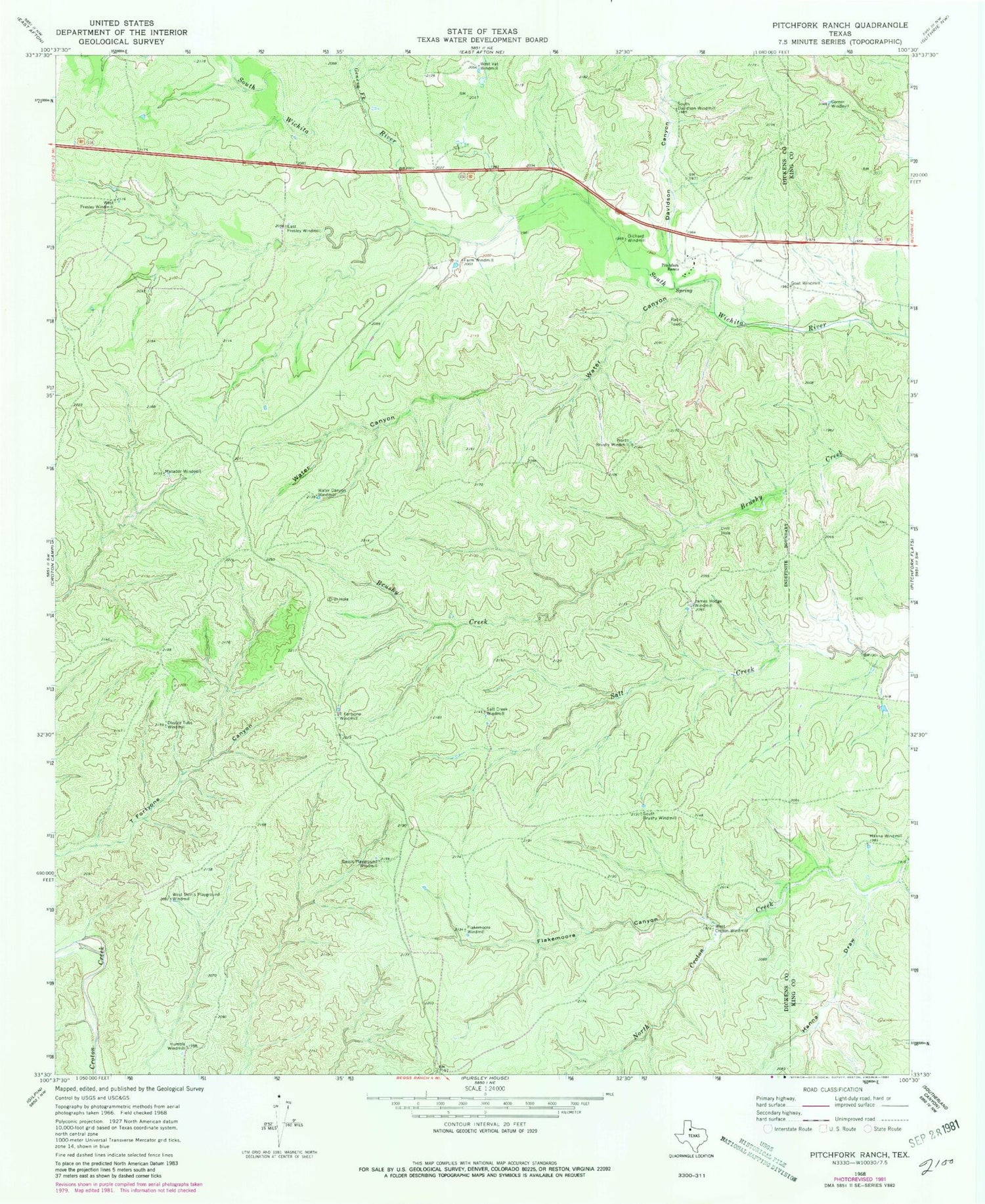 Classic USGS Pitchfork Ranch Texas 7.5'x7.5' Topo Map Image