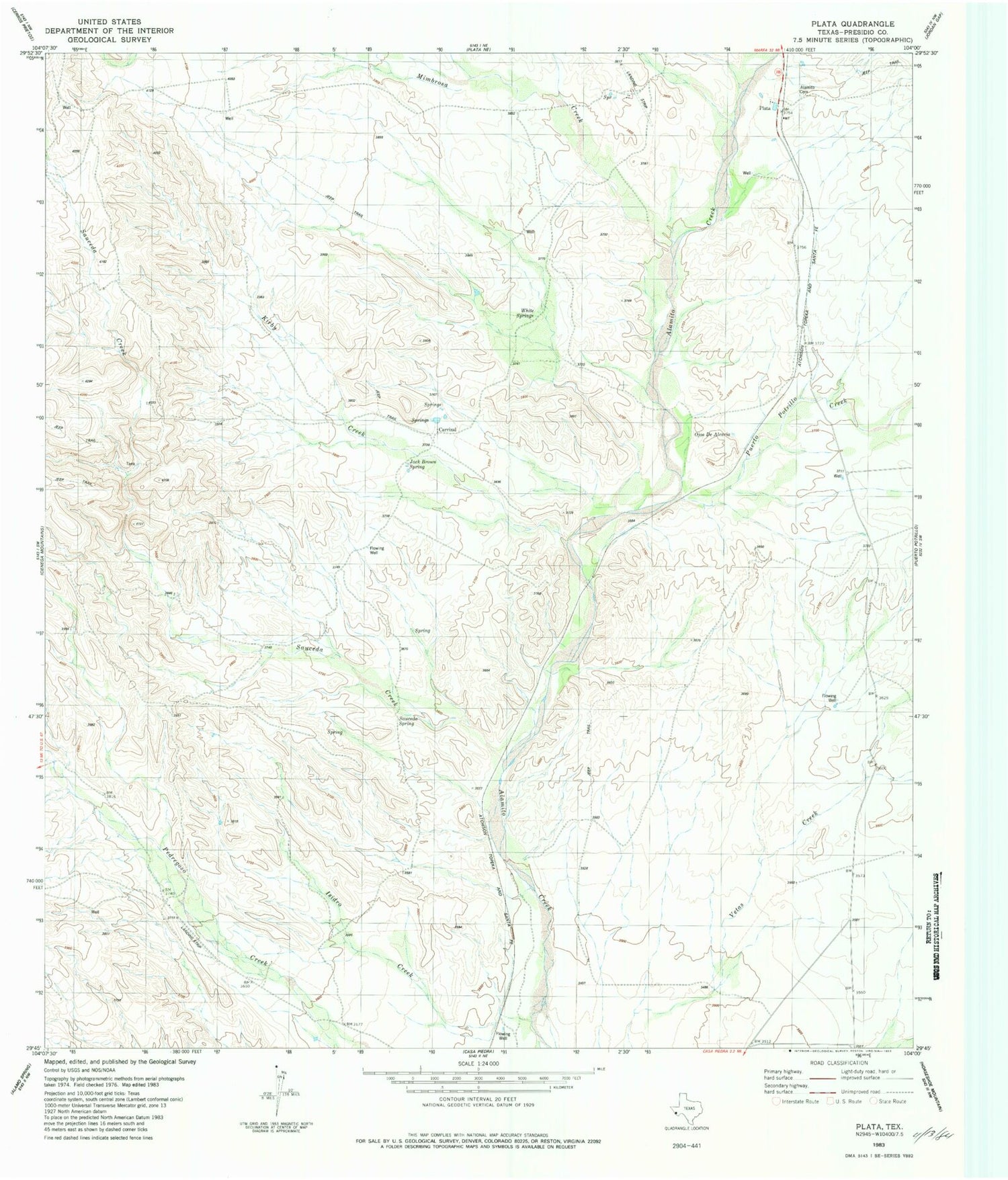 Classic USGS Plata Texas 7.5'x7.5' Topo Map Image