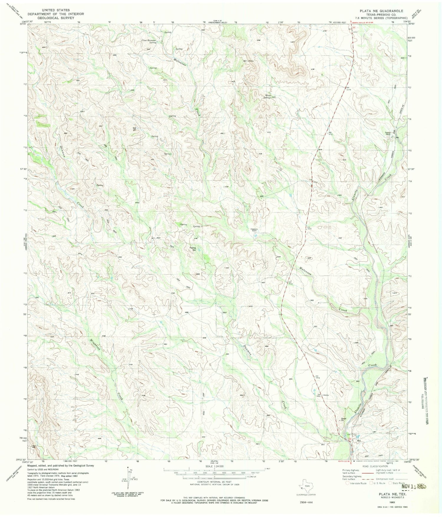 Classic USGS Plata NE Texas 7.5'x7.5' Topo Map Image