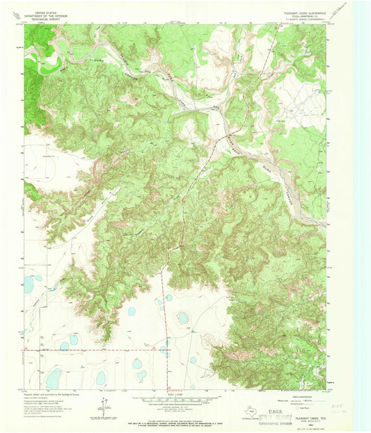Classic USGS Pleasant Creek Texas 7.5'x7.5' Topo Map Image