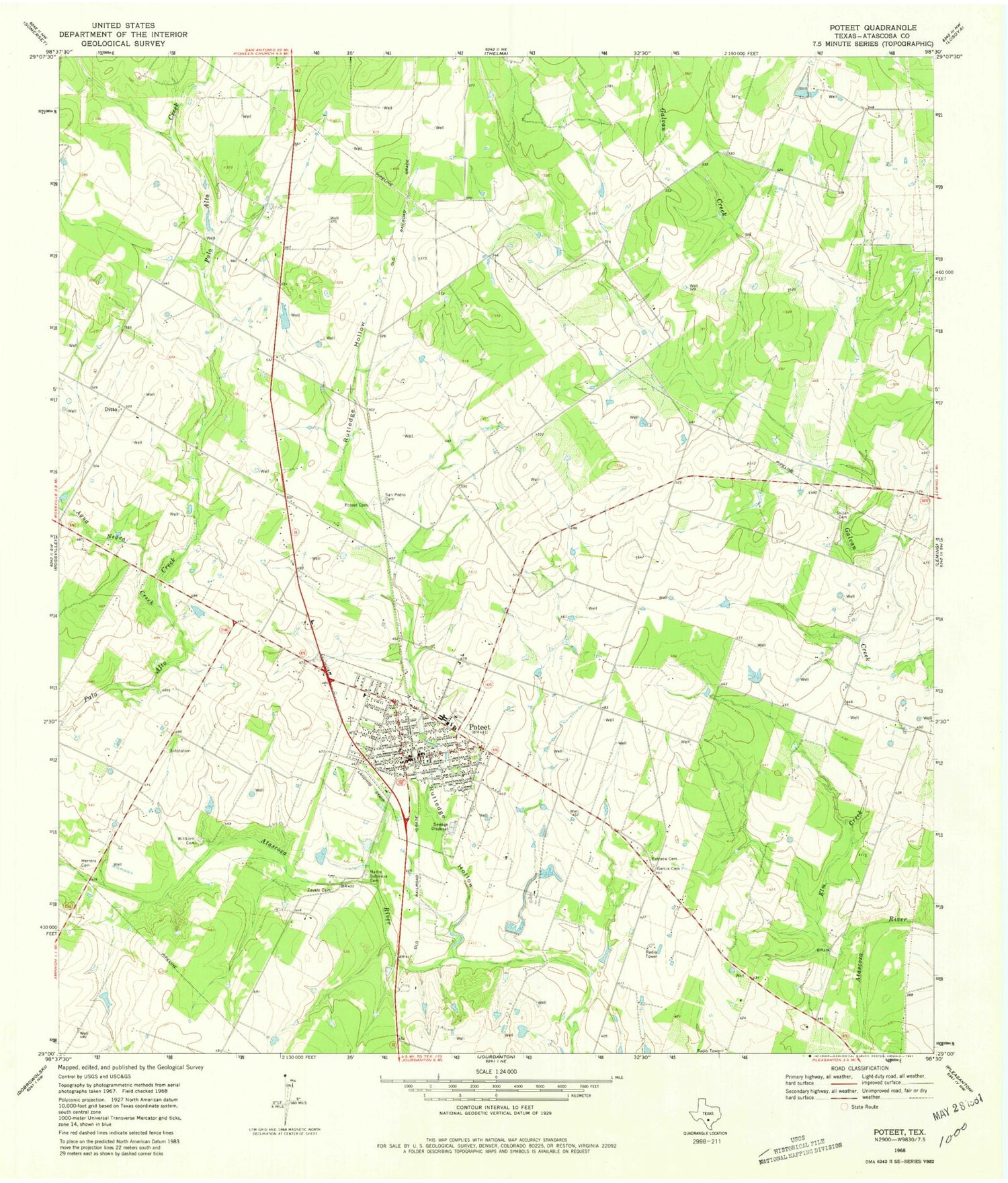 Classic USGS Poteet Texas 7.5'x7.5' Topo Map Image