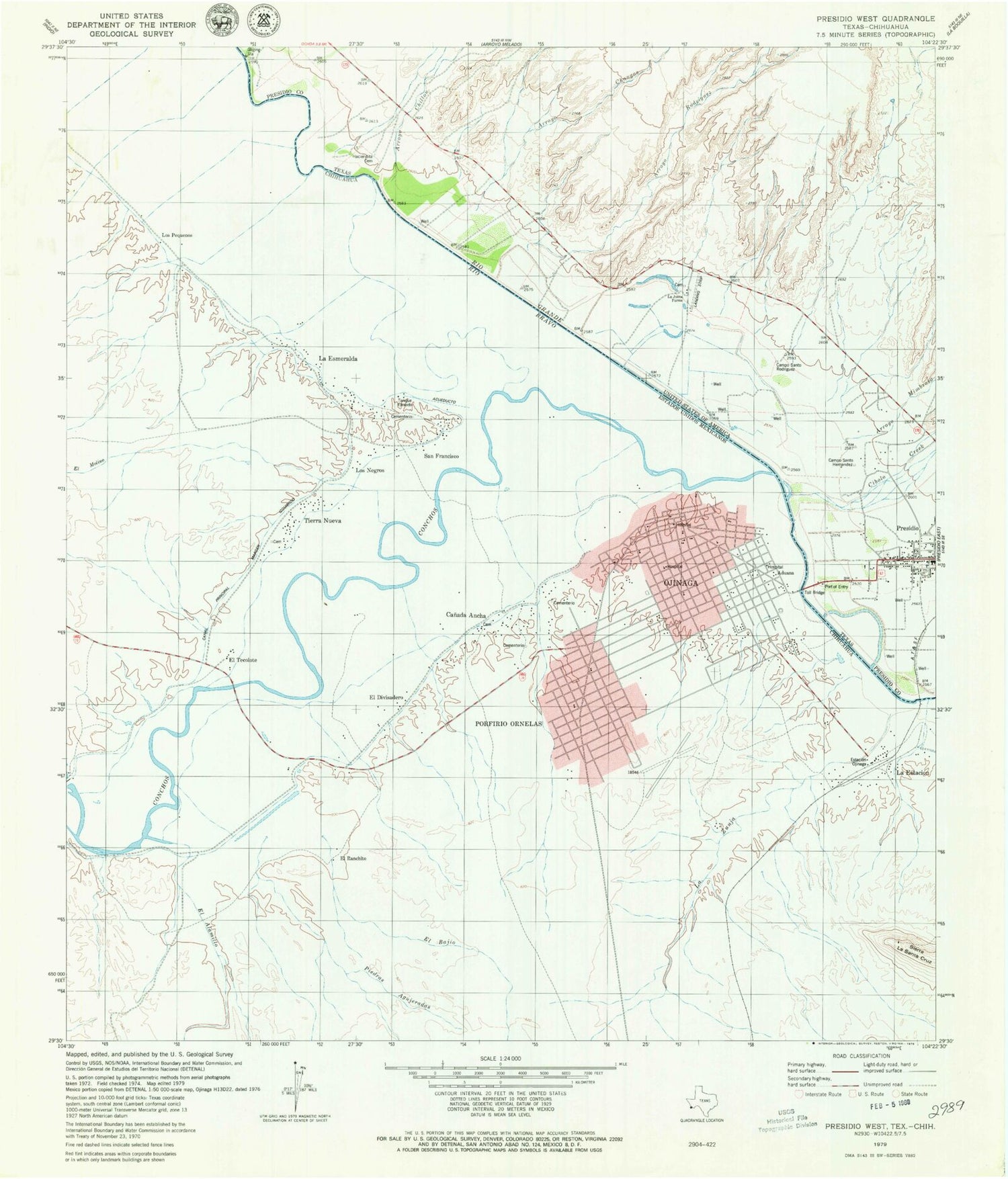 Classic USGS Presidio West Texas 7.5'x7.5' Topo Map Image