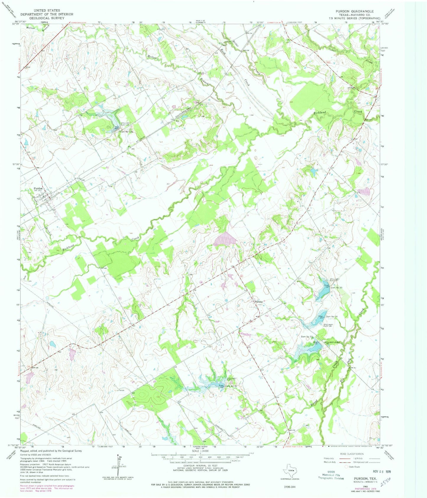 Classic USGS Purdon Texas 7.5'x7.5' Topo Map Image