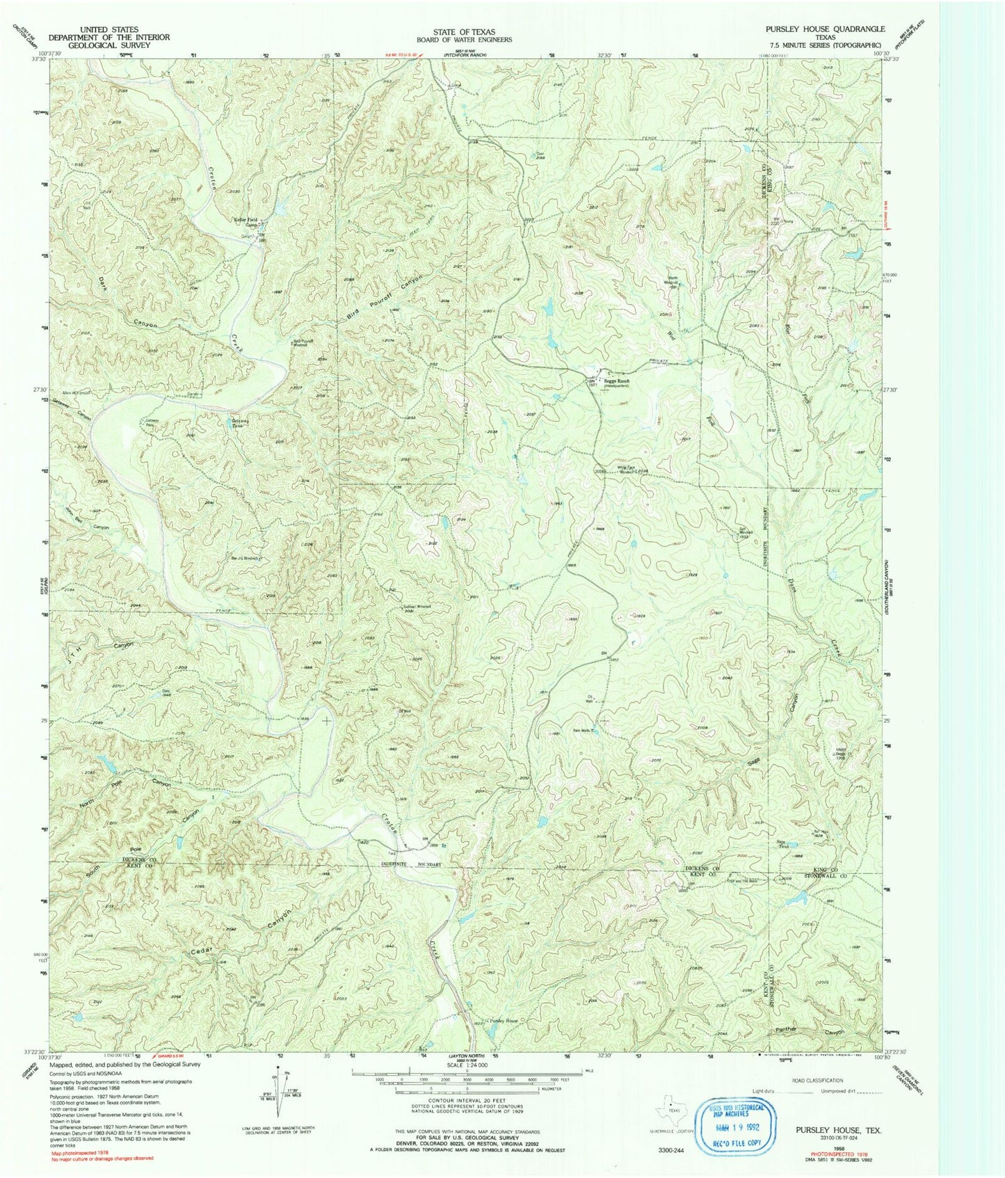 Classic USGS Pursley House Texas 7.5'x7.5' Topo Map Image