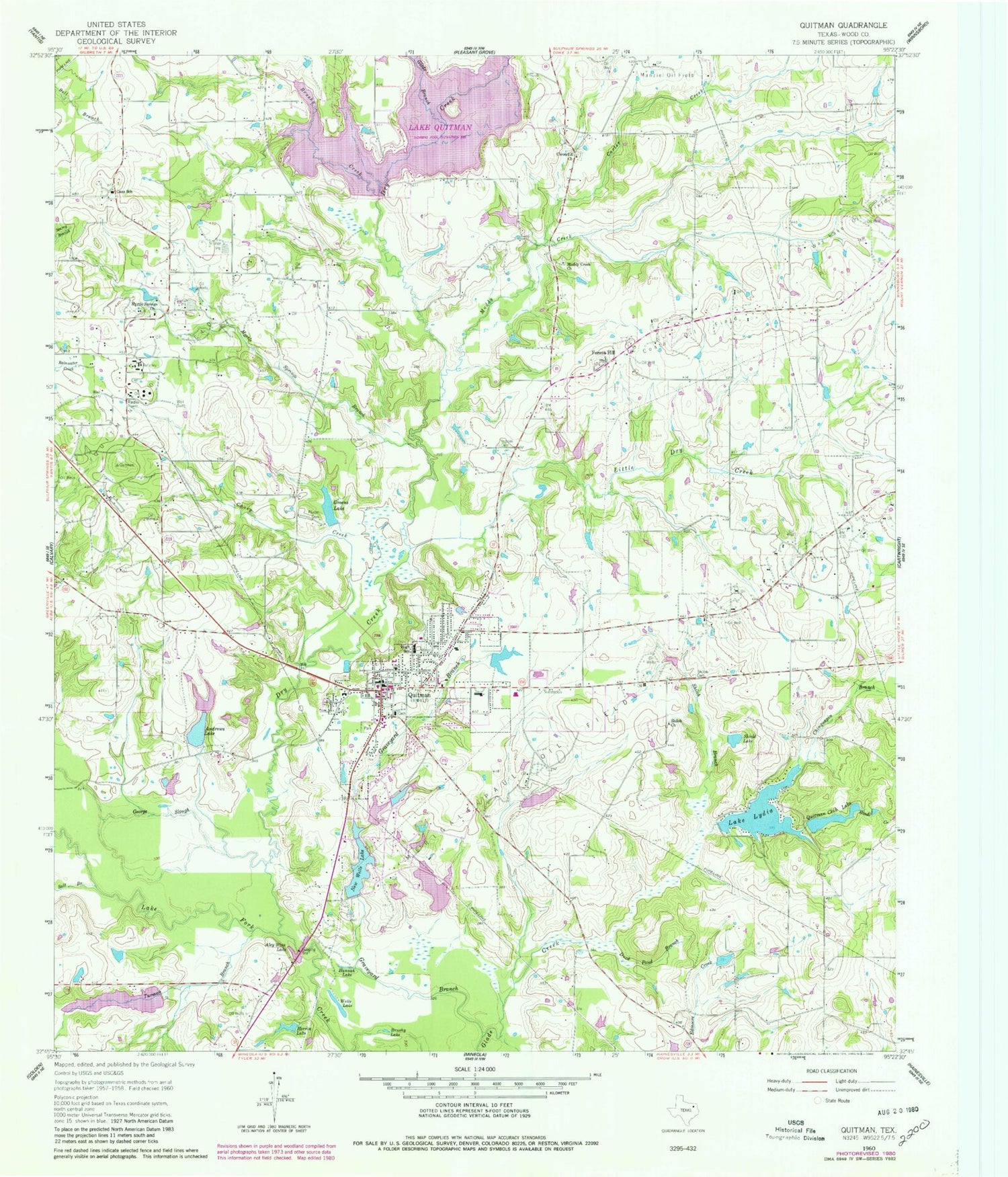 Classic USGS Quitman Texas 7.5'x7.5' Topo Map Image