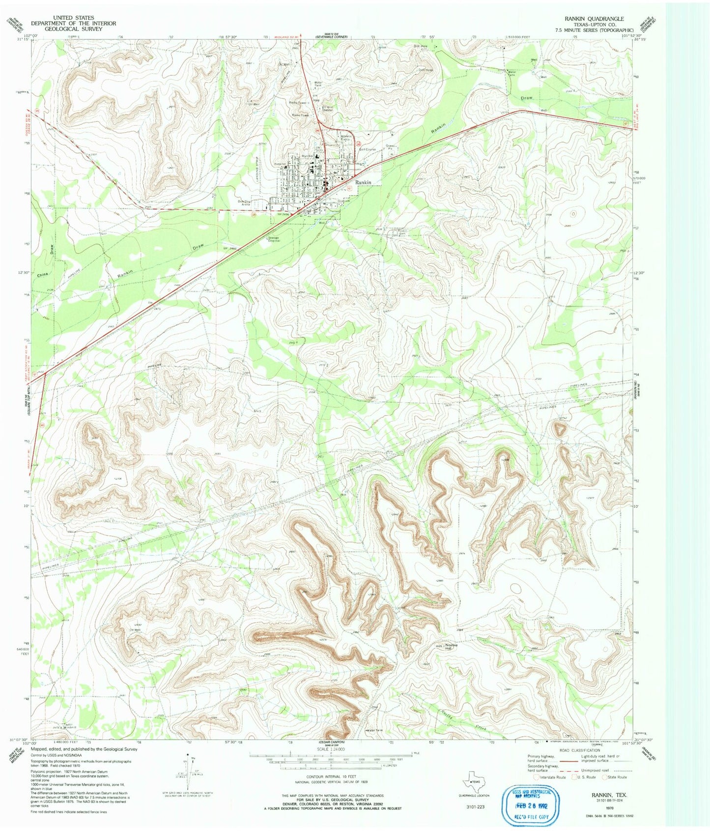 Classic USGS Rankin Texas 7.5'x7.5' Topo Map Image