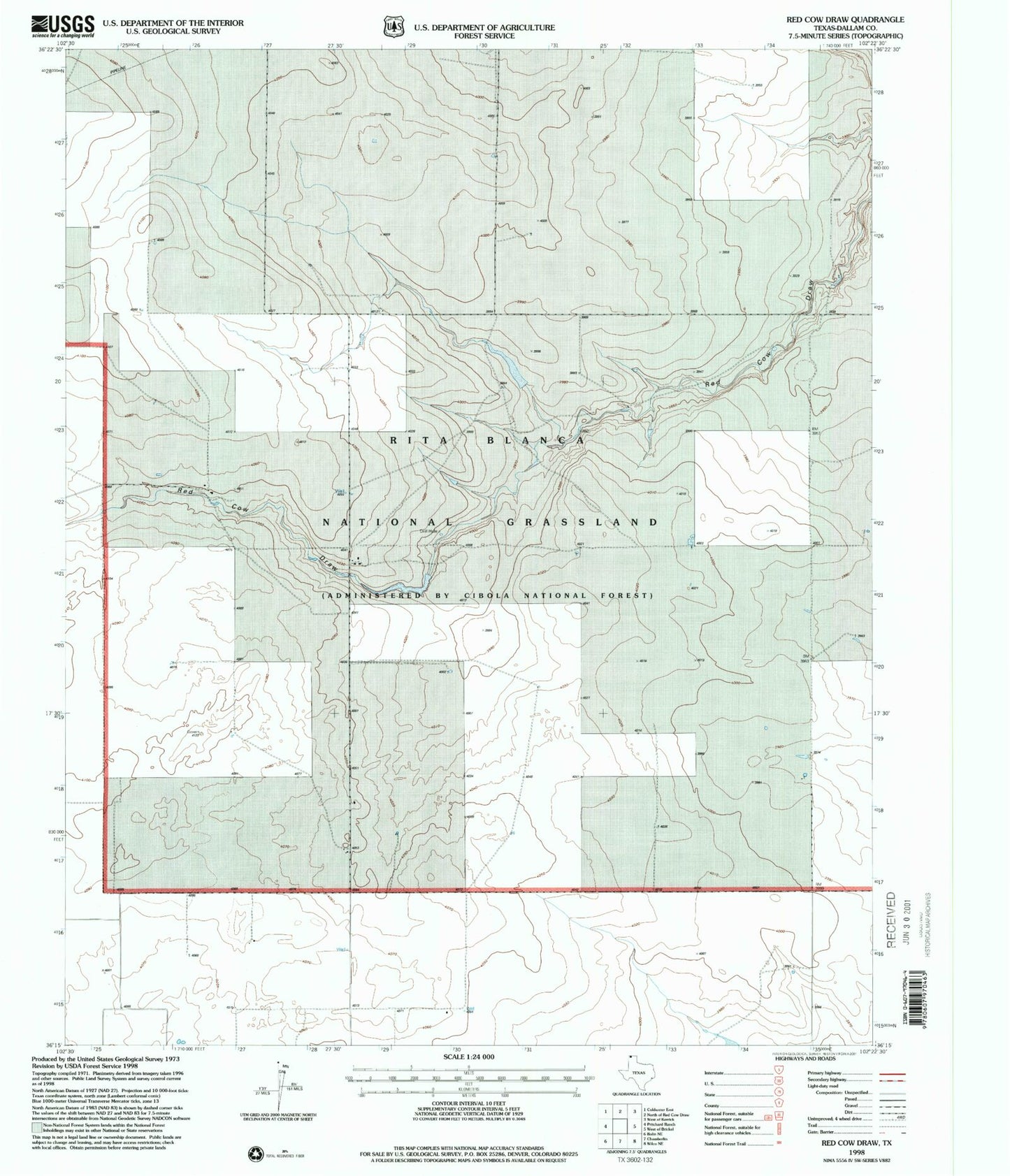 Classic USGS Red Cow Draw Texas 7.5'x7.5' Topo Map Image