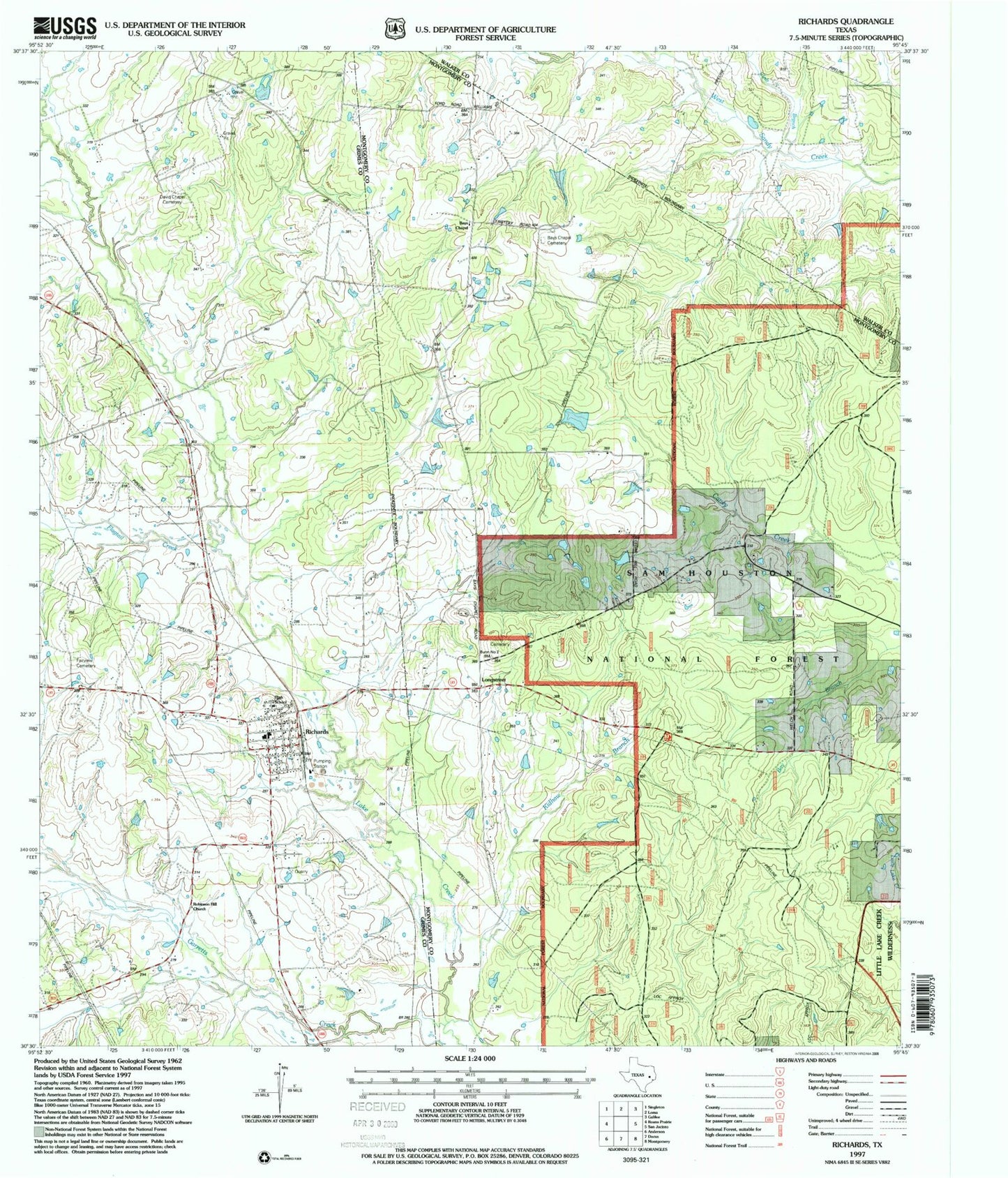 Classic USGS Richards Texas 7.5'x7.5' Topo Map Image