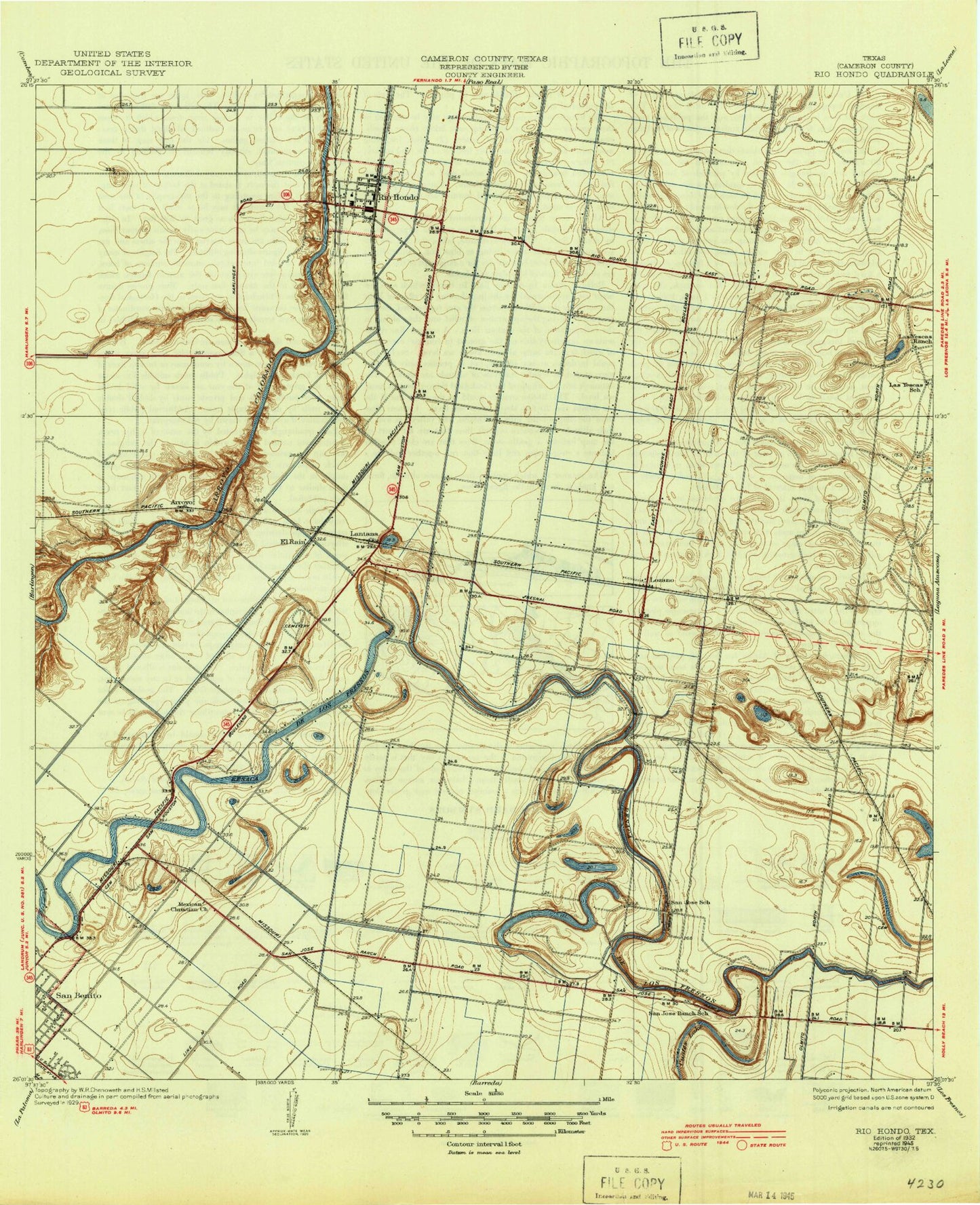 Classic USGS Rio Hondo Texas 7.5'x7.5' Topo Map Image