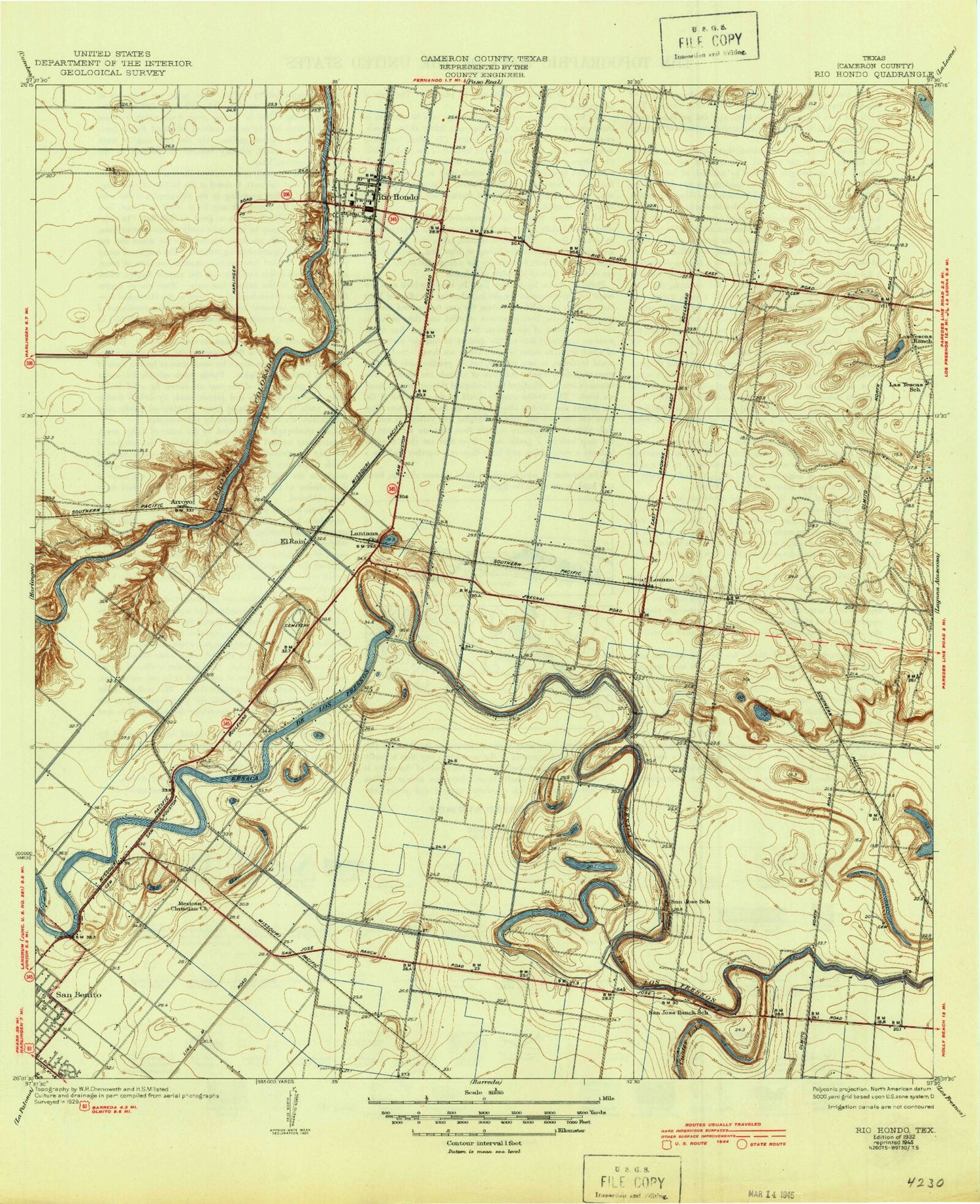 Classic USGS Rio Hondo Texas 7.5'x7.5' Topo Map Image