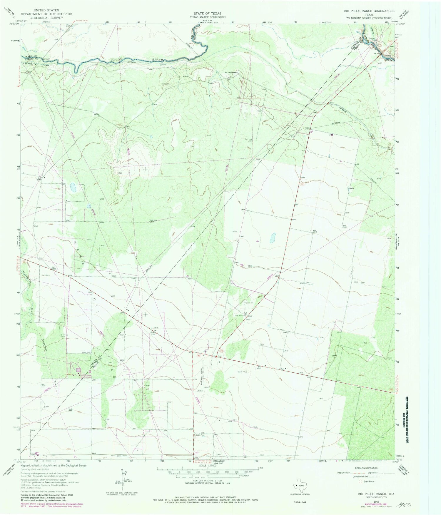 Classic USGS Rio Pecos Ranch Texas 7.5'x7.5' Topo Map Image