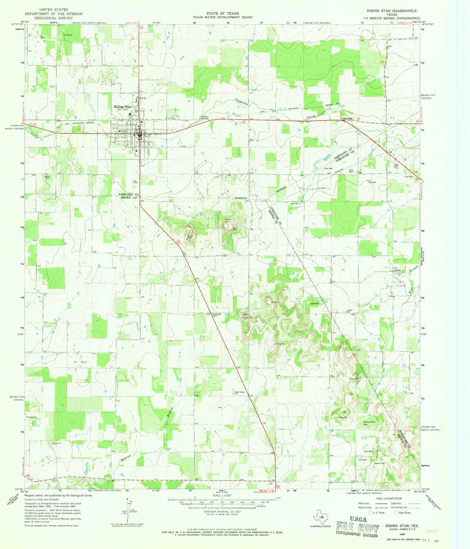 Classic USGS Rising Star Texas 7.5'x7.5' Topo Map Image