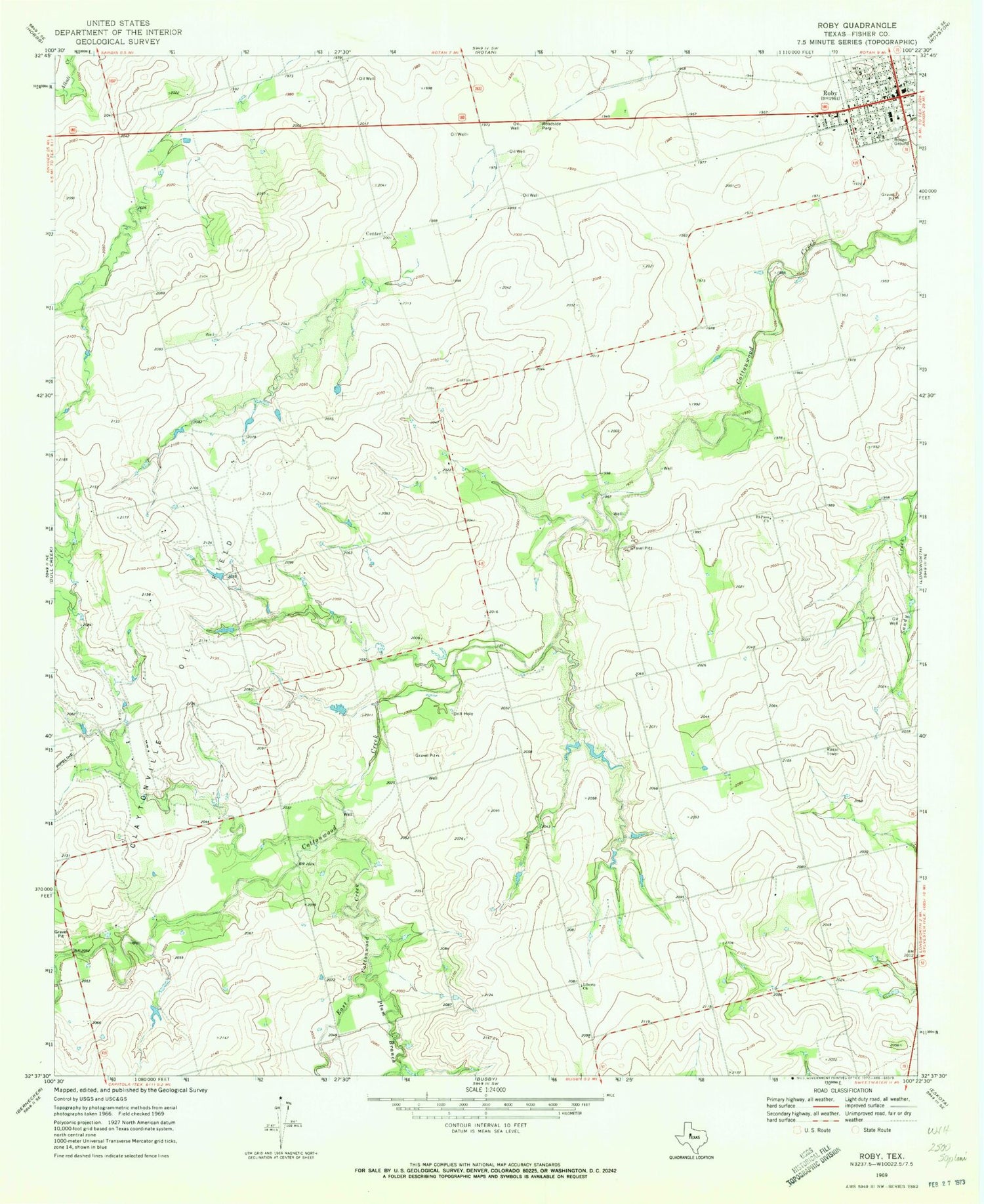 Classic USGS Roby Texas 7.5'x7.5' Topo Map Image