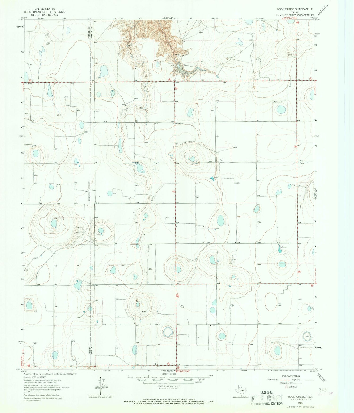 Classic USGS Rock Creek Texas 7.5'x7.5' Topo Map Image
