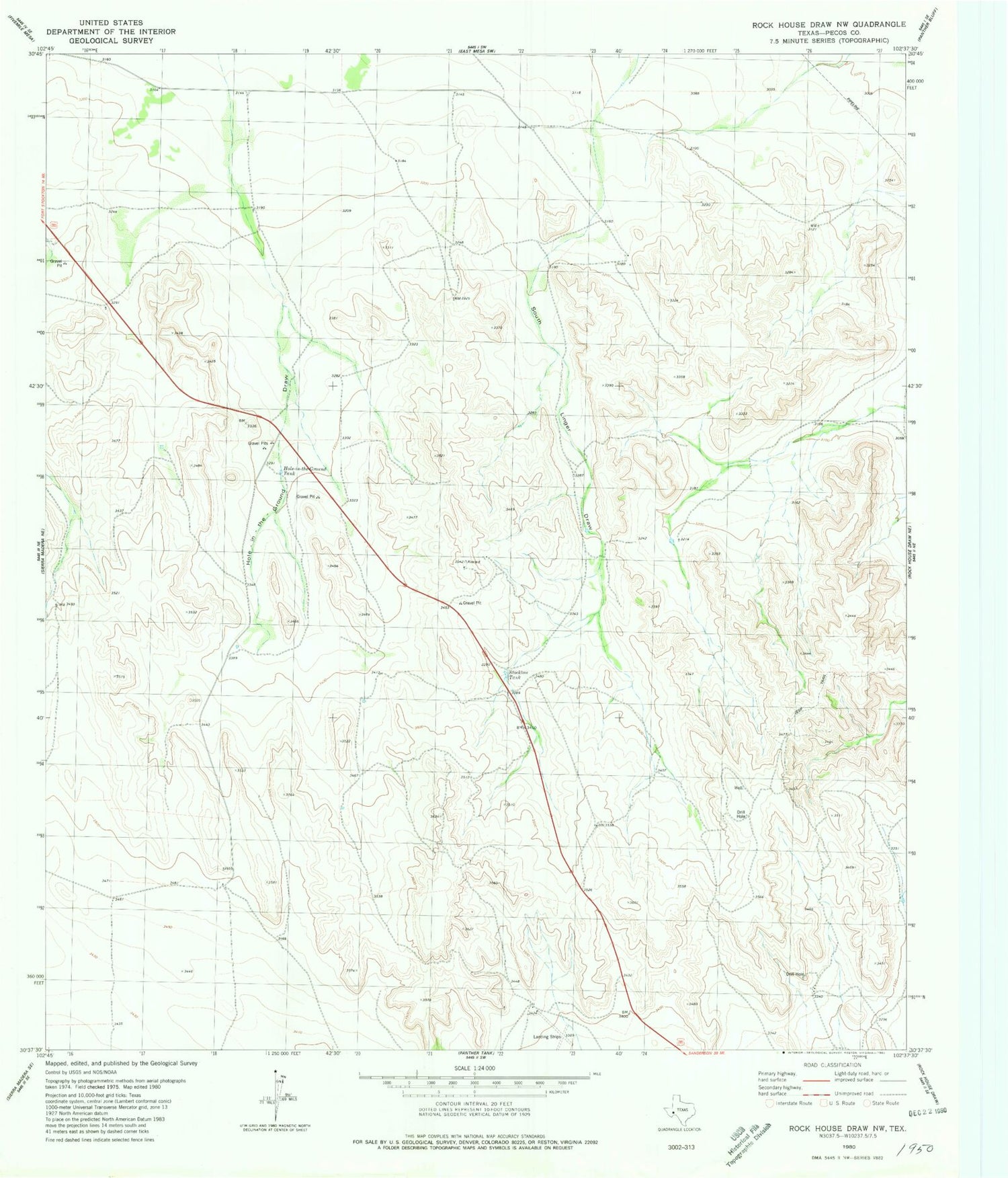 Classic USGS Rock House Draw NW Texas 7.5'x7.5' Topo Map Image