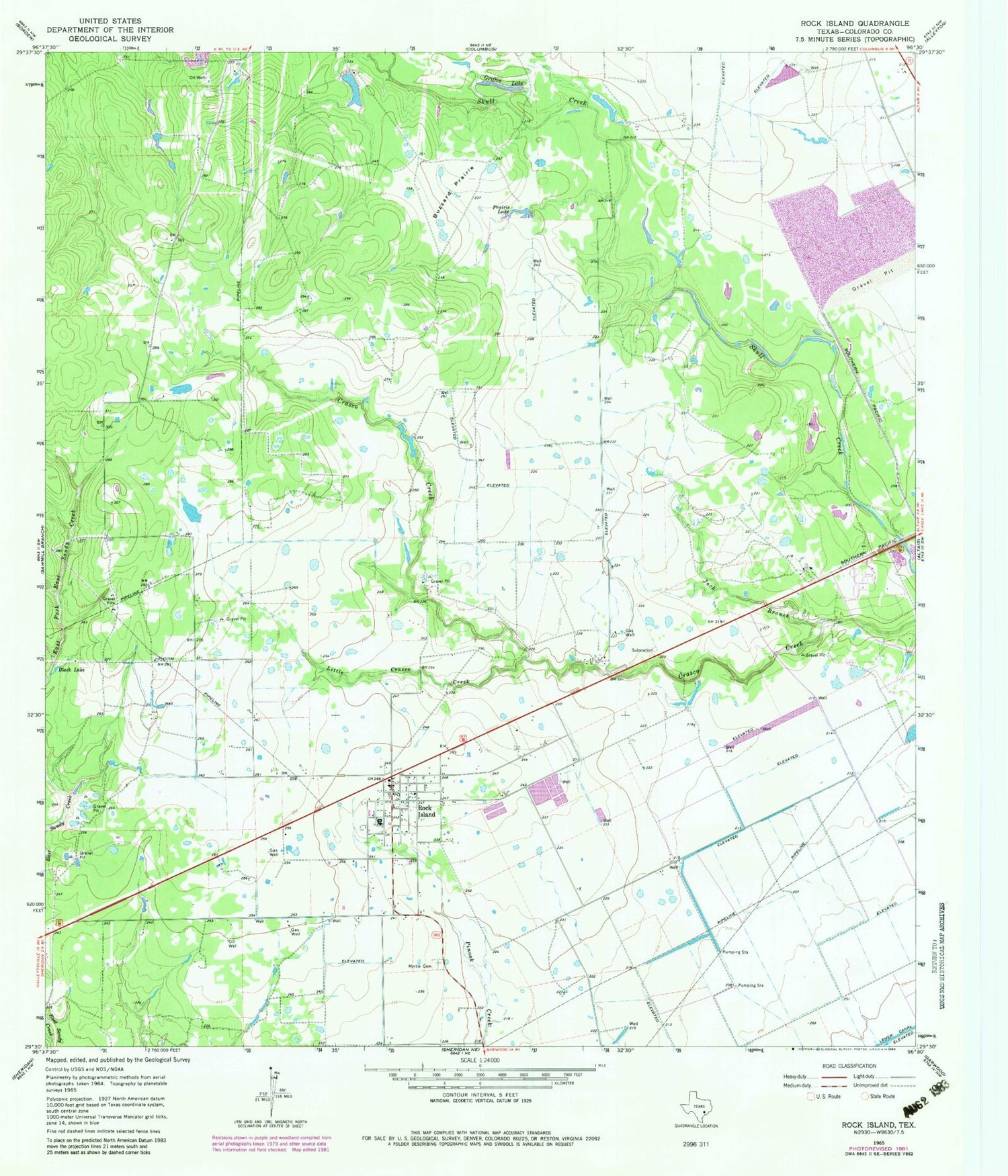 Classic USGS Rock Island Texas 7.5'x7.5' Topo Map Image