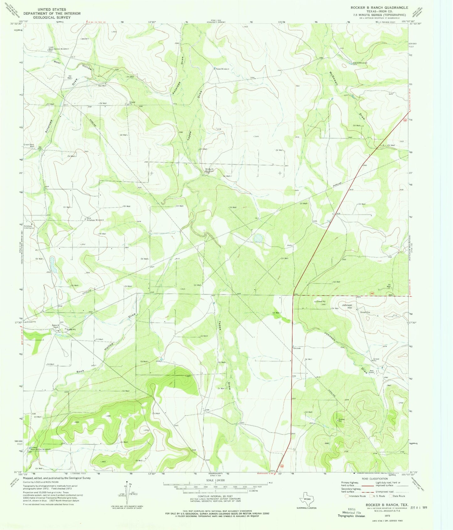 Classic USGS Rocker B Ranch Texas 7.5'x7.5' Topo Map Image