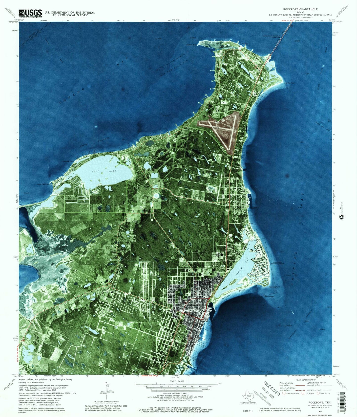 Classic USGS Rockport Texas 7.5'x7.5' Topo Map Image