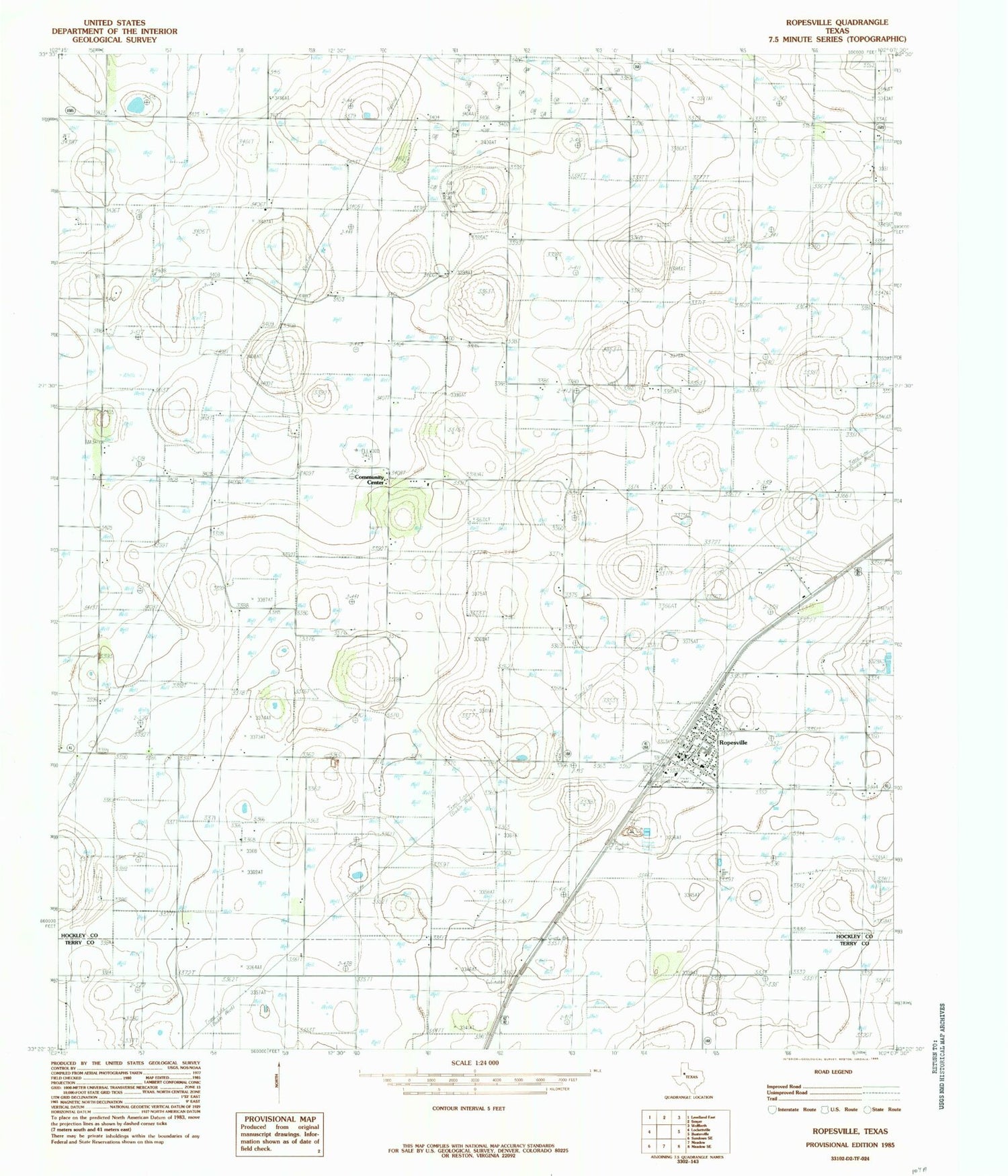 Classic USGS Ropesville Texas 7.5'x7.5' Topo Map Image