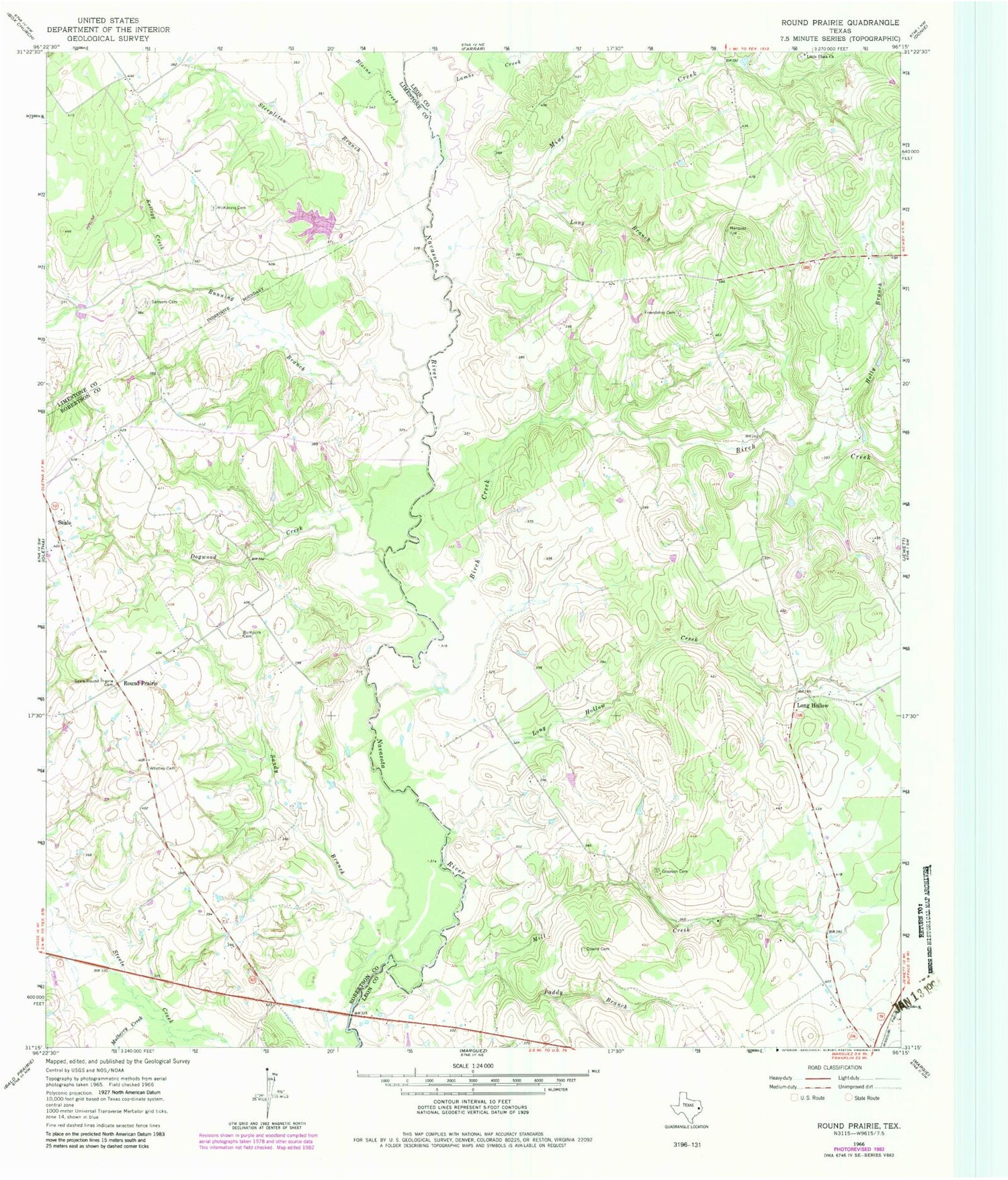 Classic USGS Round Prairie Texas 7.5'x7.5' Topo Map Image