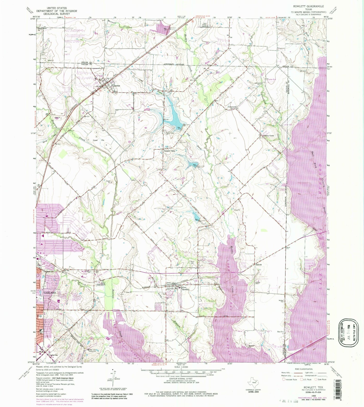 Classic USGS Rowlett Texas 7.5'x7.5' Topo Map Image