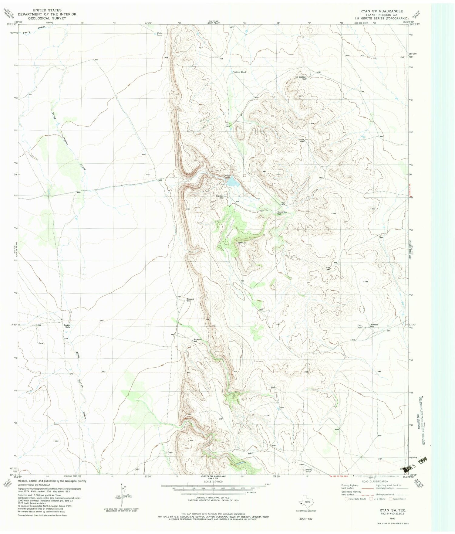Classic USGS Ryan SW Texas 7.5'x7.5' Topo Map Image