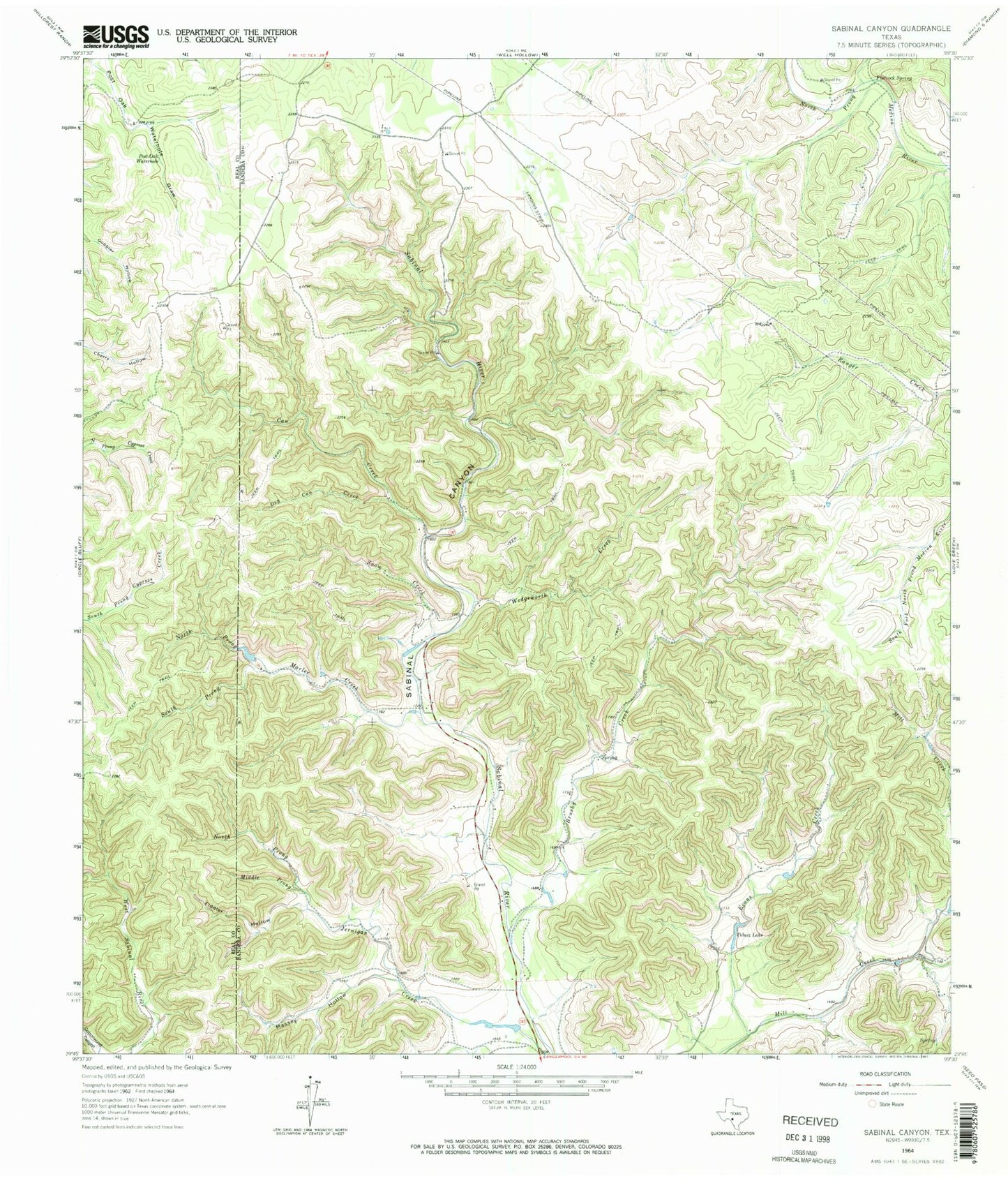 Classic USGS Sabinal Canyon Texas 7.5'x7.5' Topo Map Image