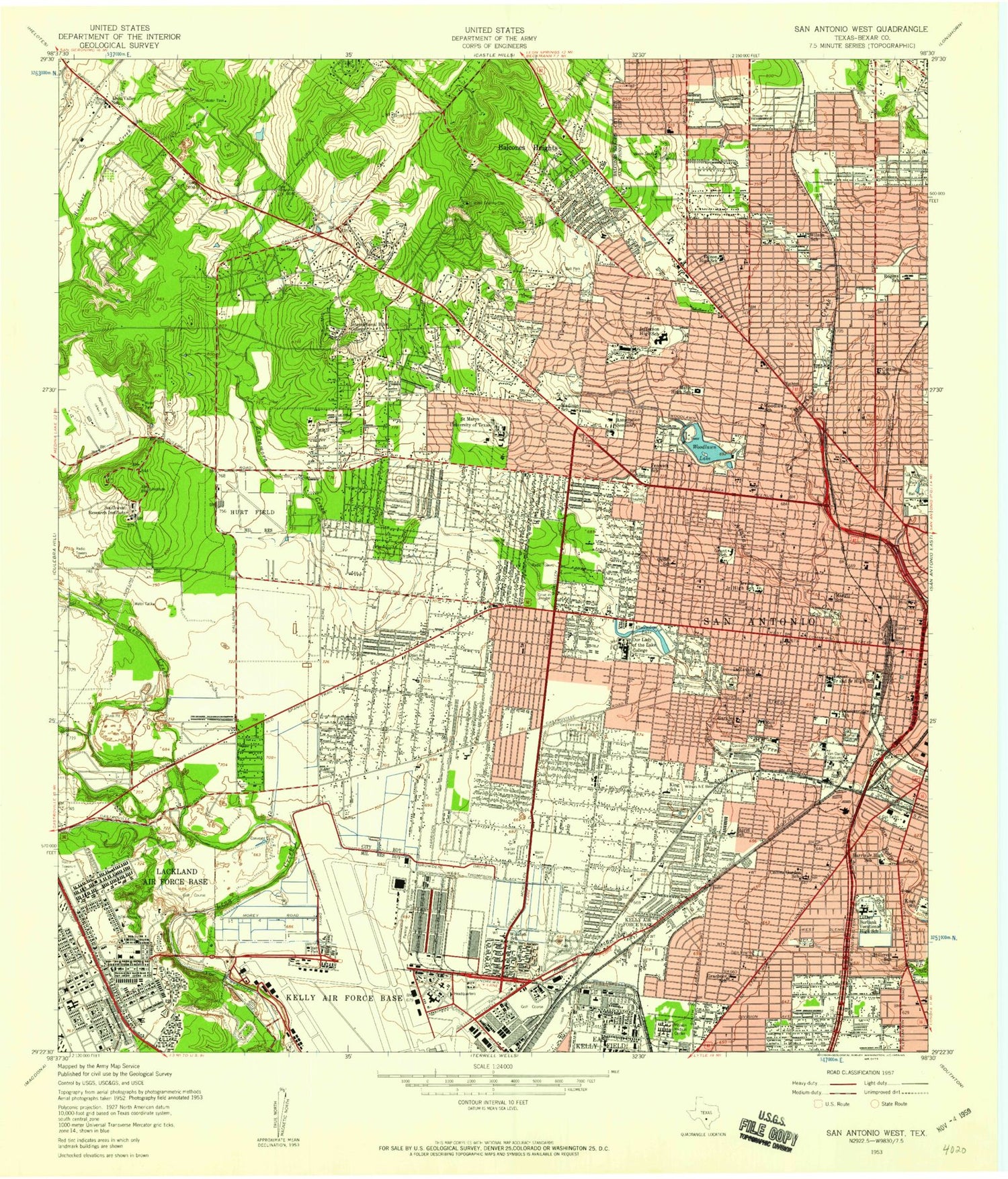 Classic USGS San Antonio West Texas 7.5'x7.5' Topo Map Image