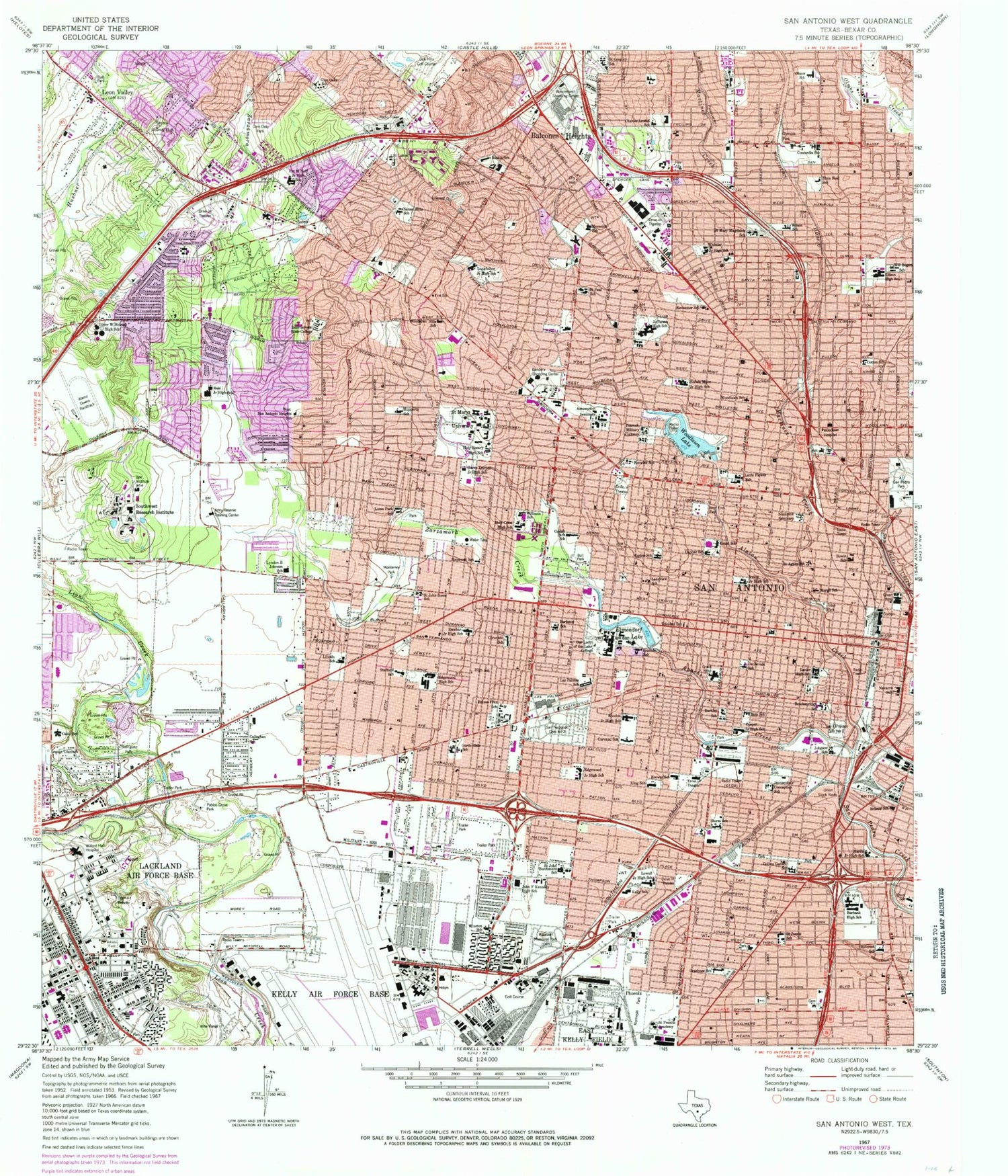 Classic USGS San Antonio West Texas 7.5'x7.5' Topo Map Image