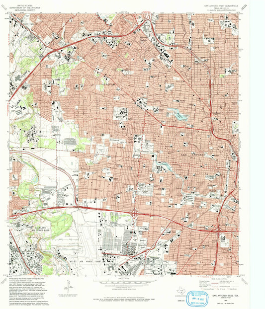 Classic USGS San Antonio West Texas 7.5'x7.5' Topo Map Image
