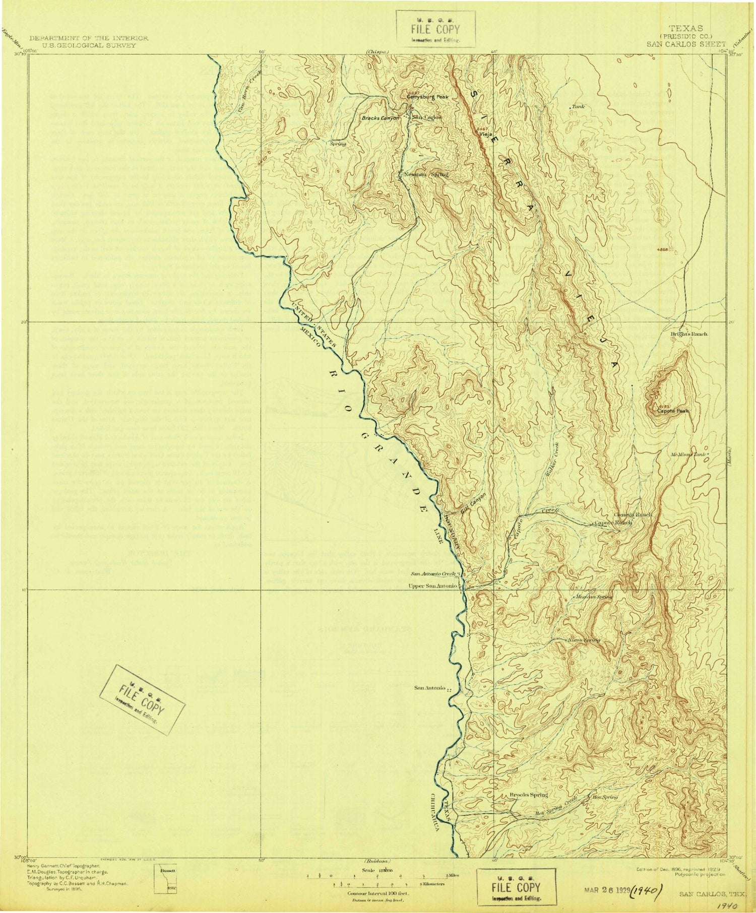 Historic 1896 San Carlos Texas 30'x30' Topo Map Image