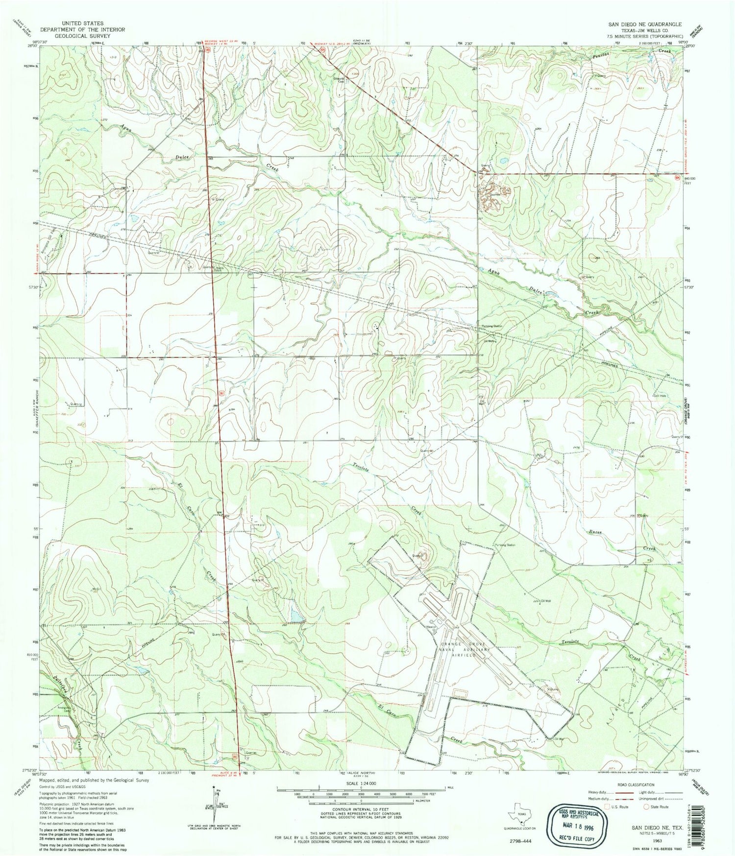 Classic USGS San Diego NE Texas 7.5'x7.5' Topo Map Image
