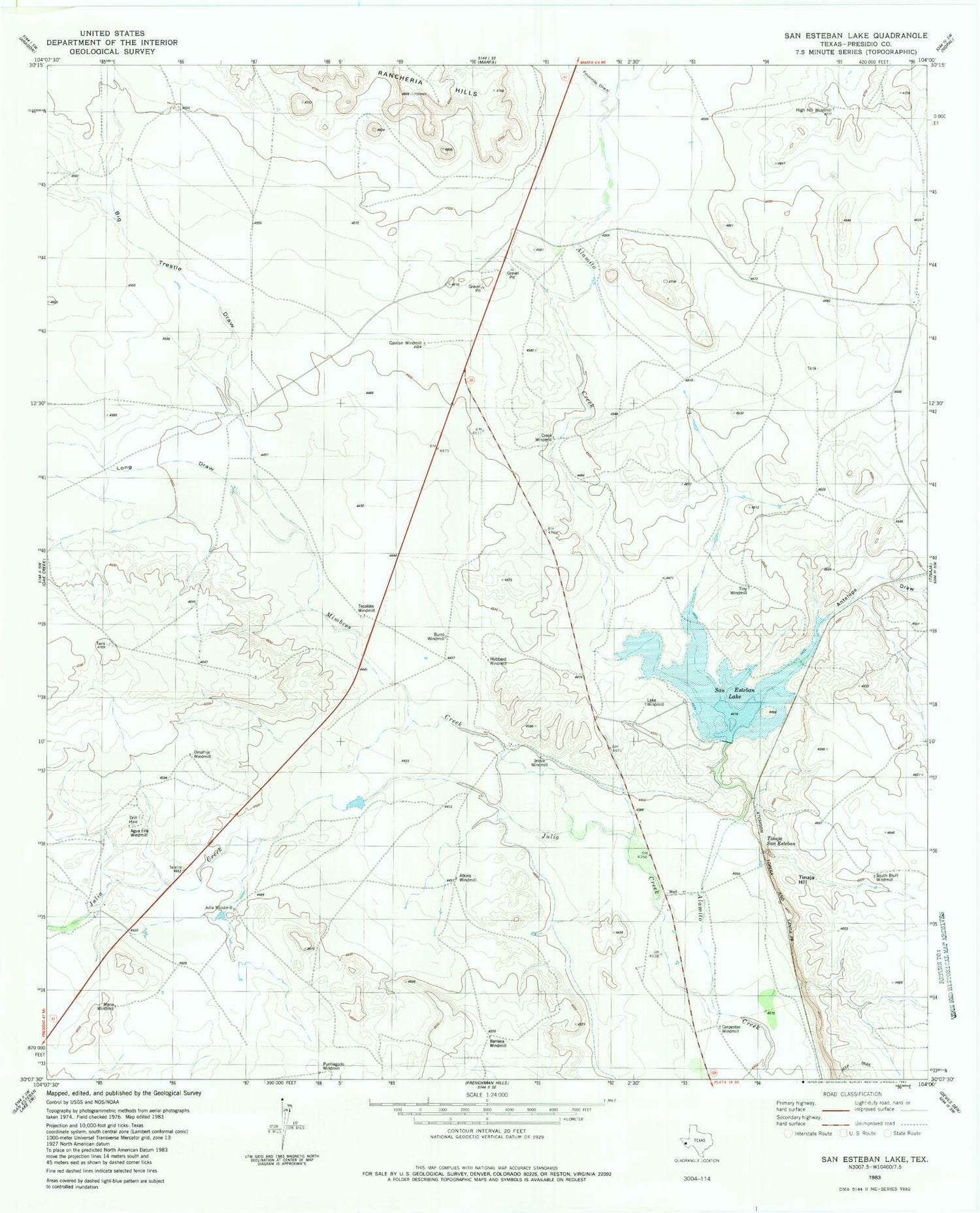 Classic USGS San Esteban Lake Texas 7.5'x7.5' Topo Map Image