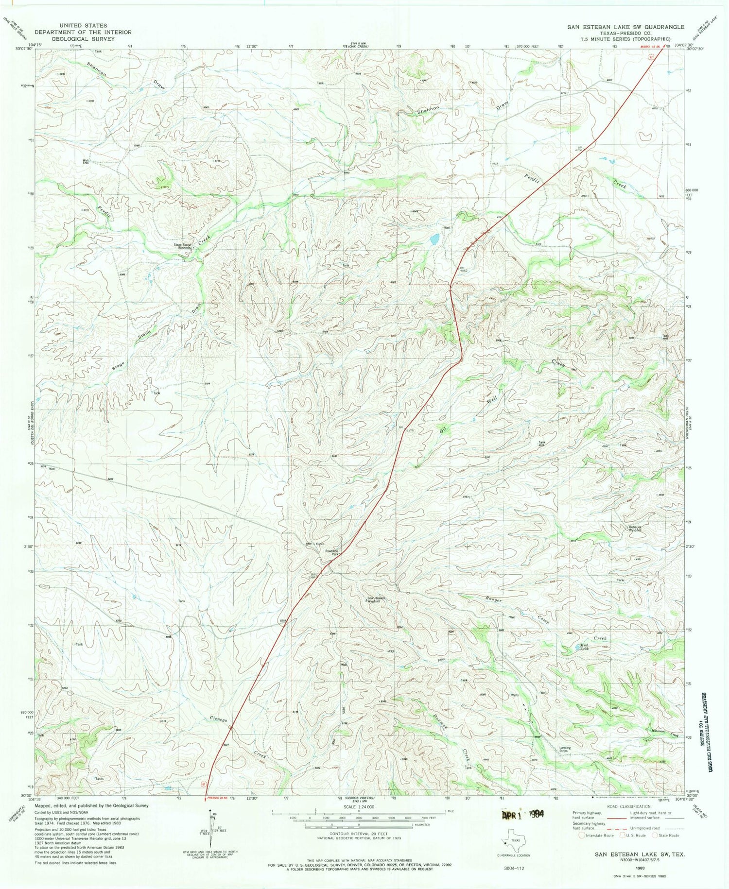 Classic USGS San Esteban Lake SW Texas 7.5'x7.5' Topo Map Image