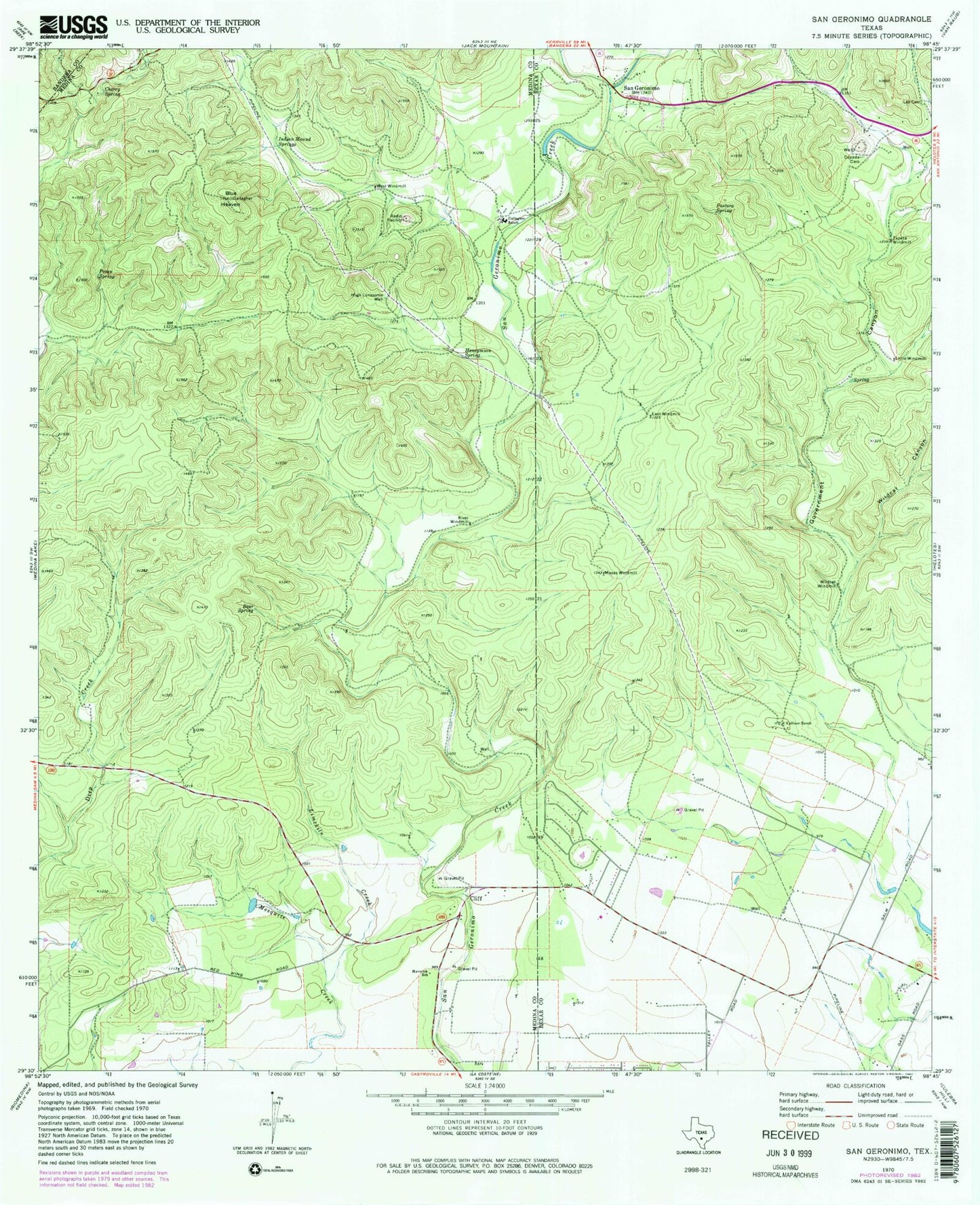 Classic USGS San Geronimo Texas 7.5'x7.5' Topo Map Image