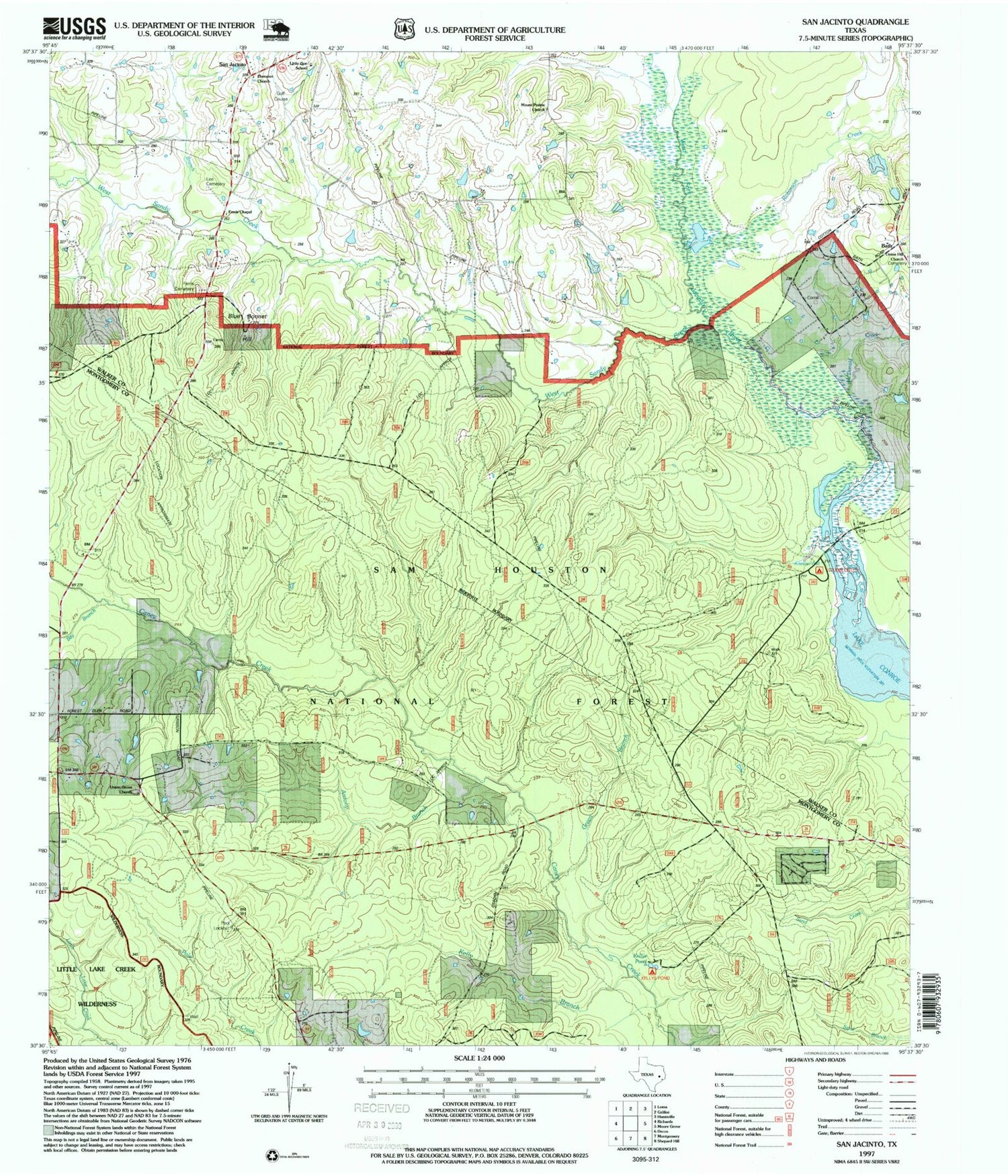 USGS Classic San Jacinto Texas 7.5'x7.5' Topo Map Image