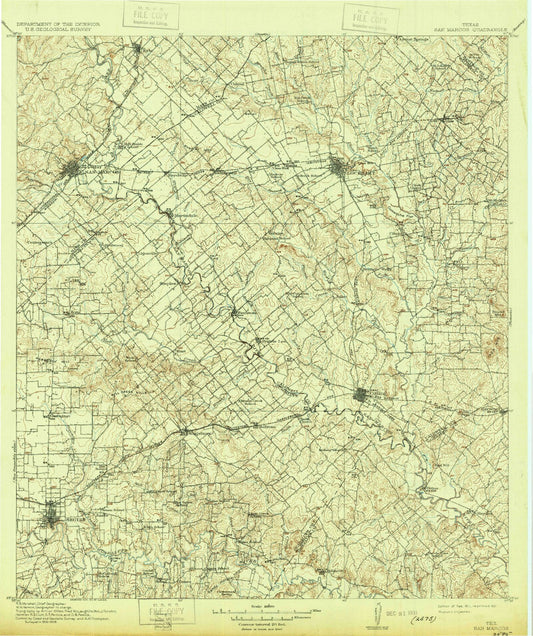 Historic 1911 San Marcos Texas 30'x30' Topo Map Image