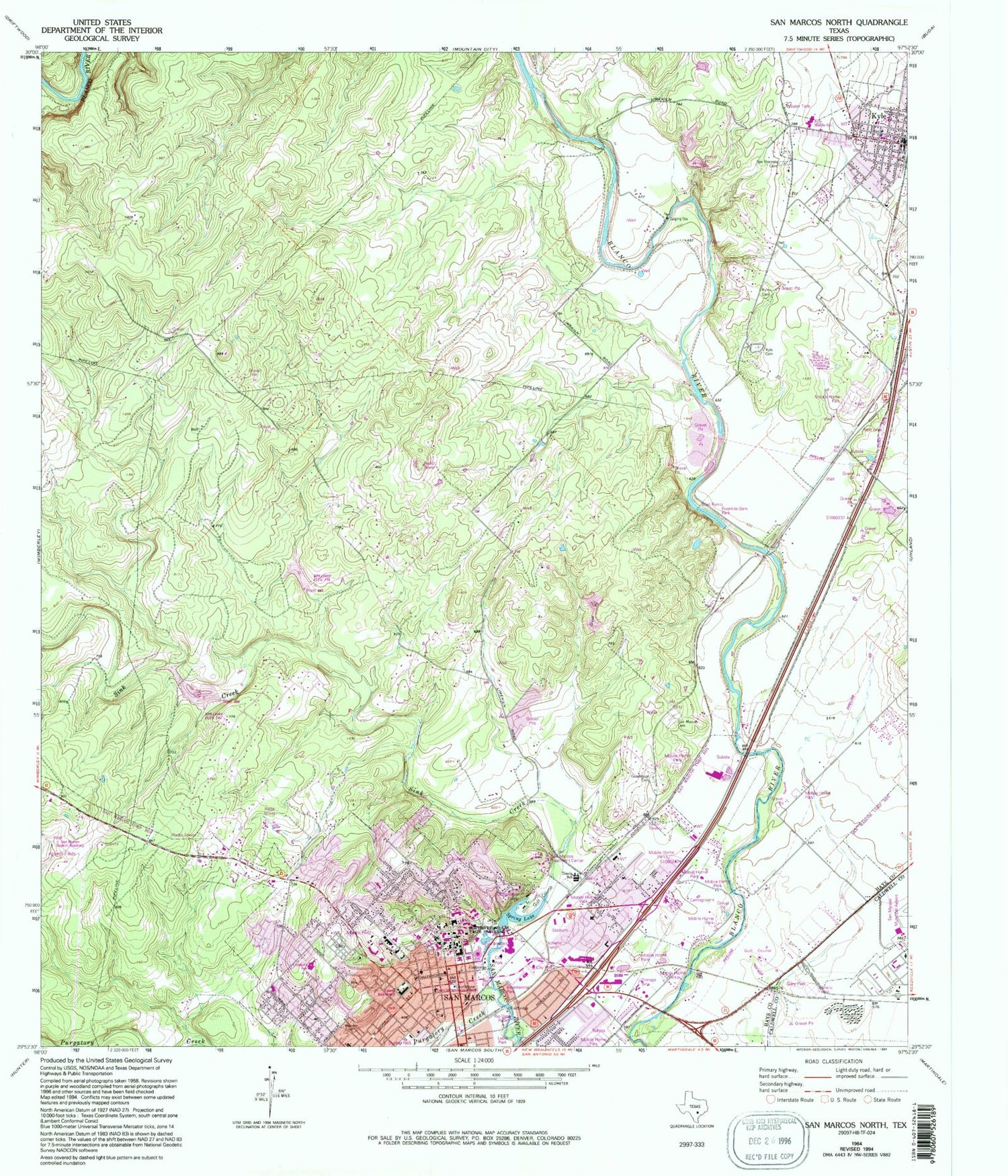 Classic USGS San Marcos North Texas 7.5'x7.5' Topo Map Image