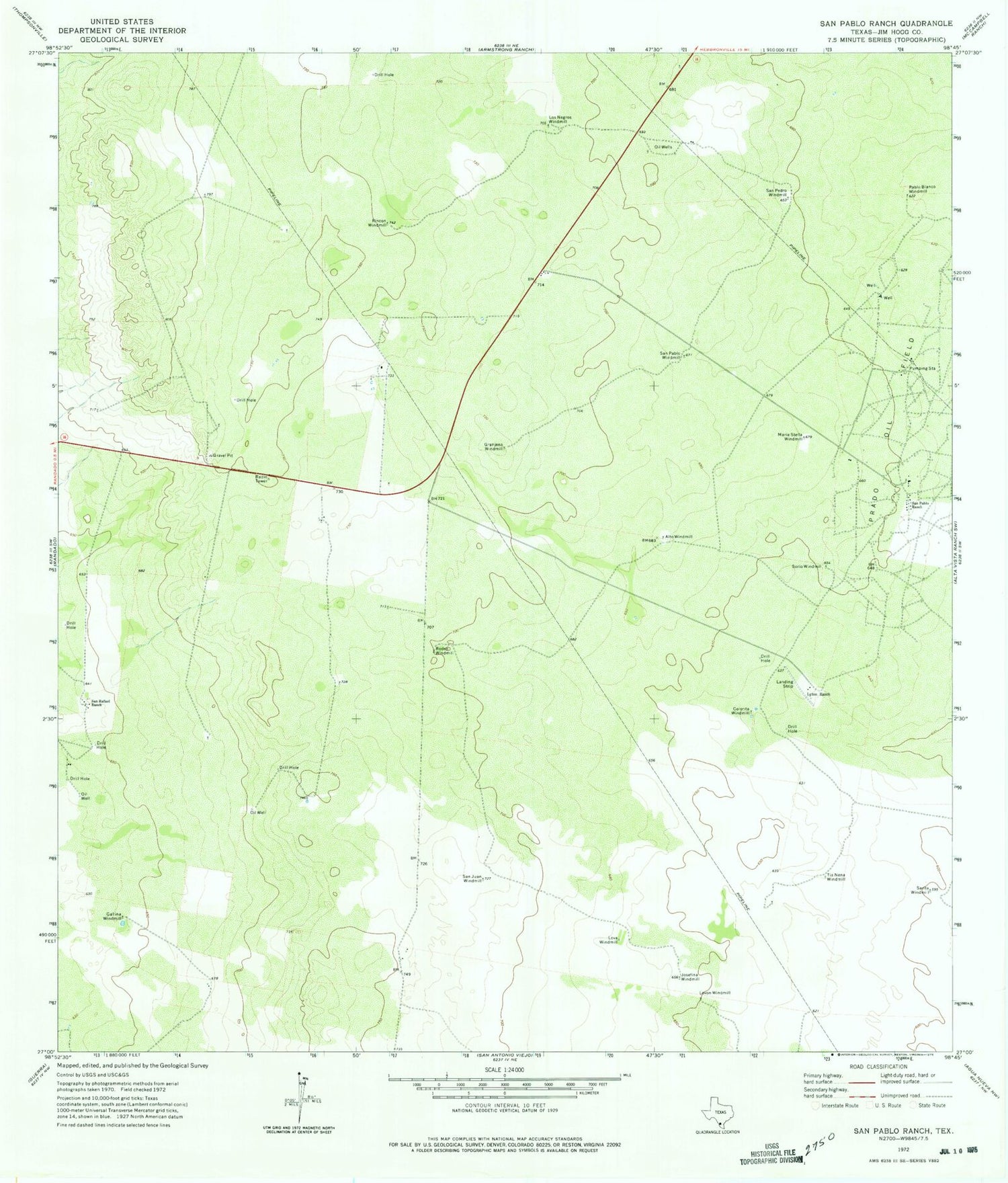 Classic USGS San Pablo Ranch Texas 7.5'x7.5' Topo Map Image
