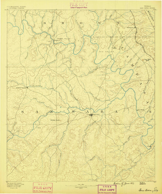 Historic 1885 San Saba Texas 30'x30' Topo Map Image