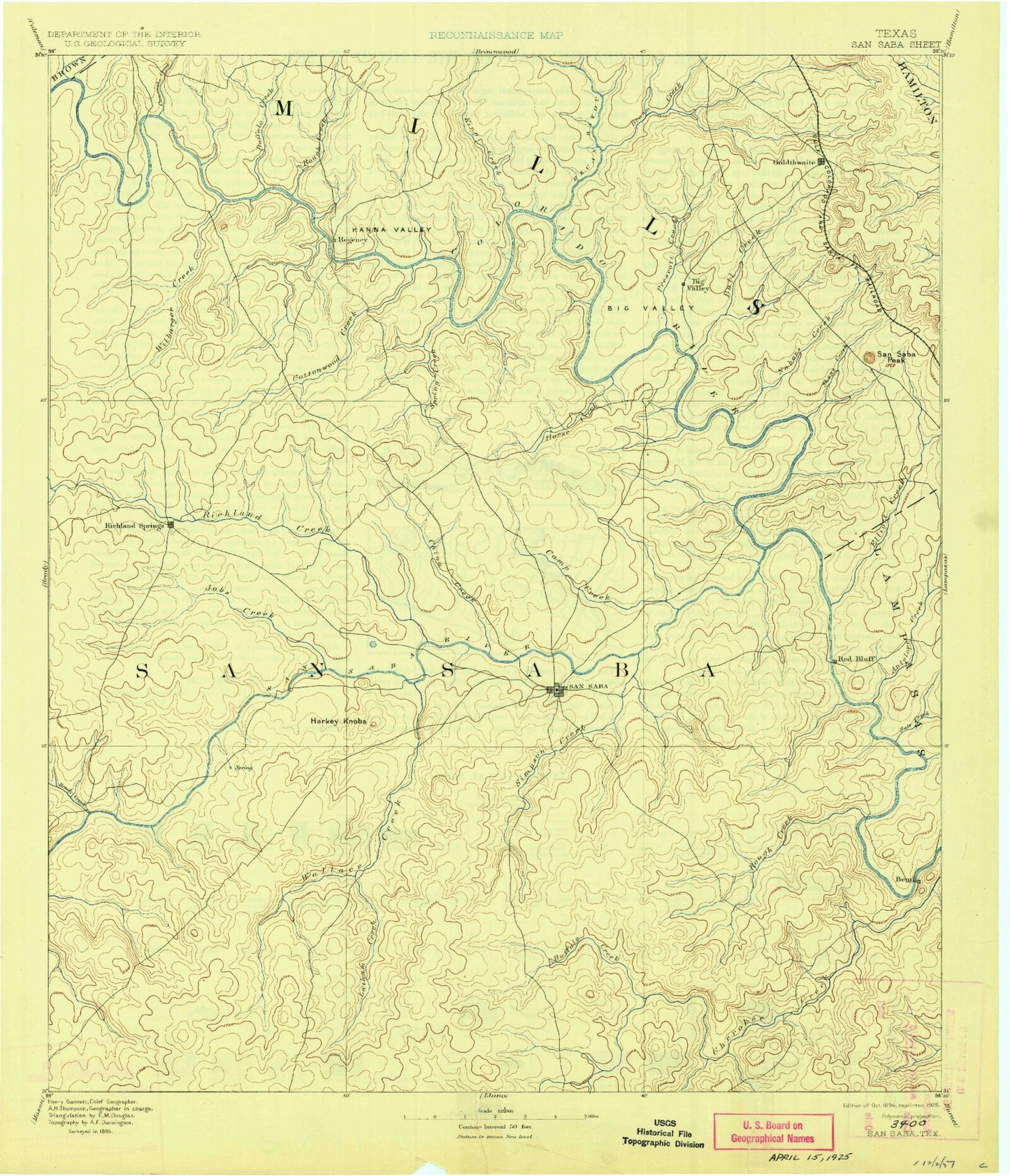 Historic 1894 San Saba Texas 30'x30' Topo Map Image