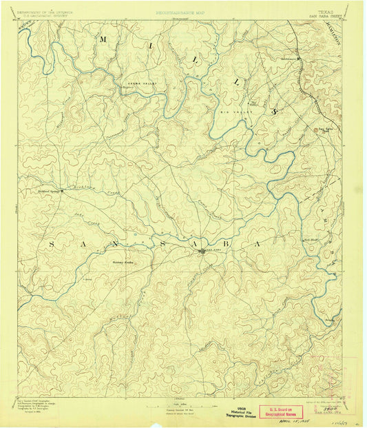 Historic 1894 San Saba Texas 30'x30' Topo Map Image