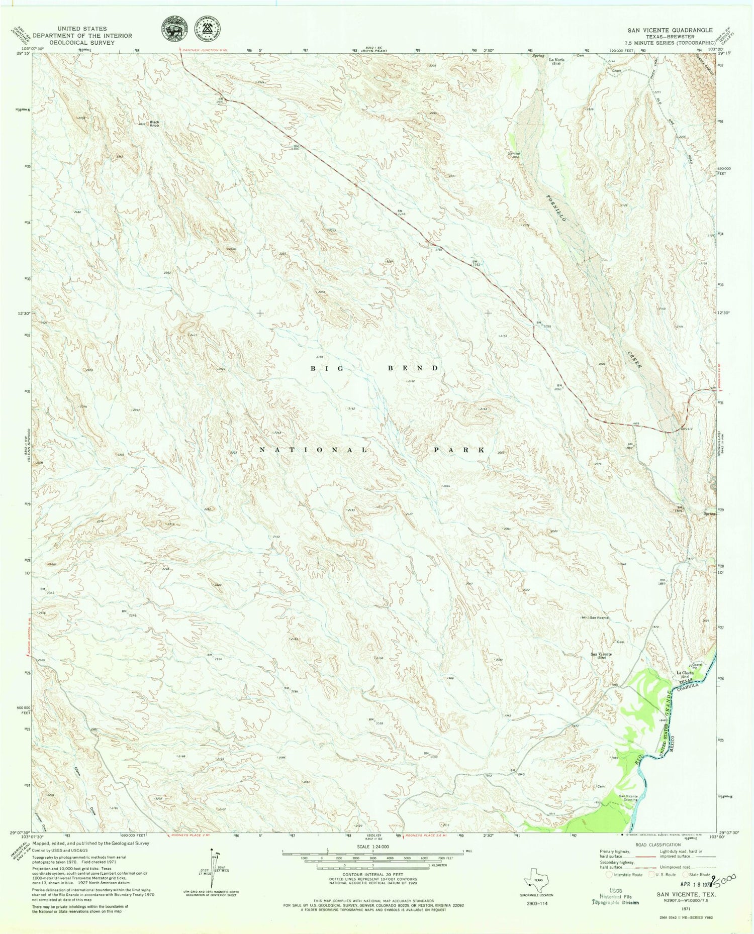 Classic USGS San Vicente Texas 7.5'x7.5' Topo Map Image