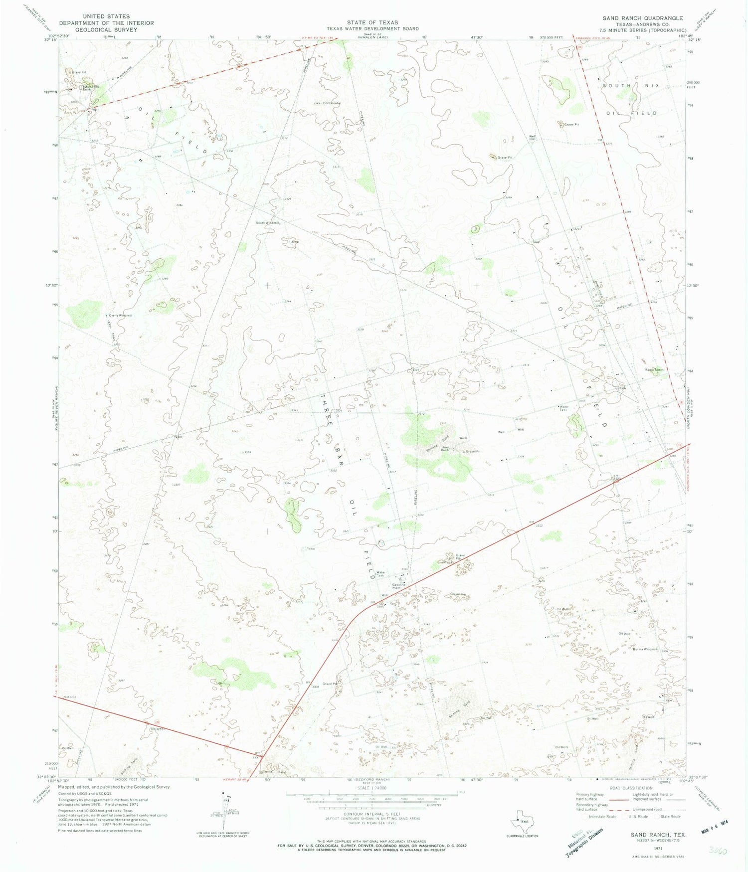 Classic USGS Sand Ranch Texas 7.5'x7.5' Topo Map Image